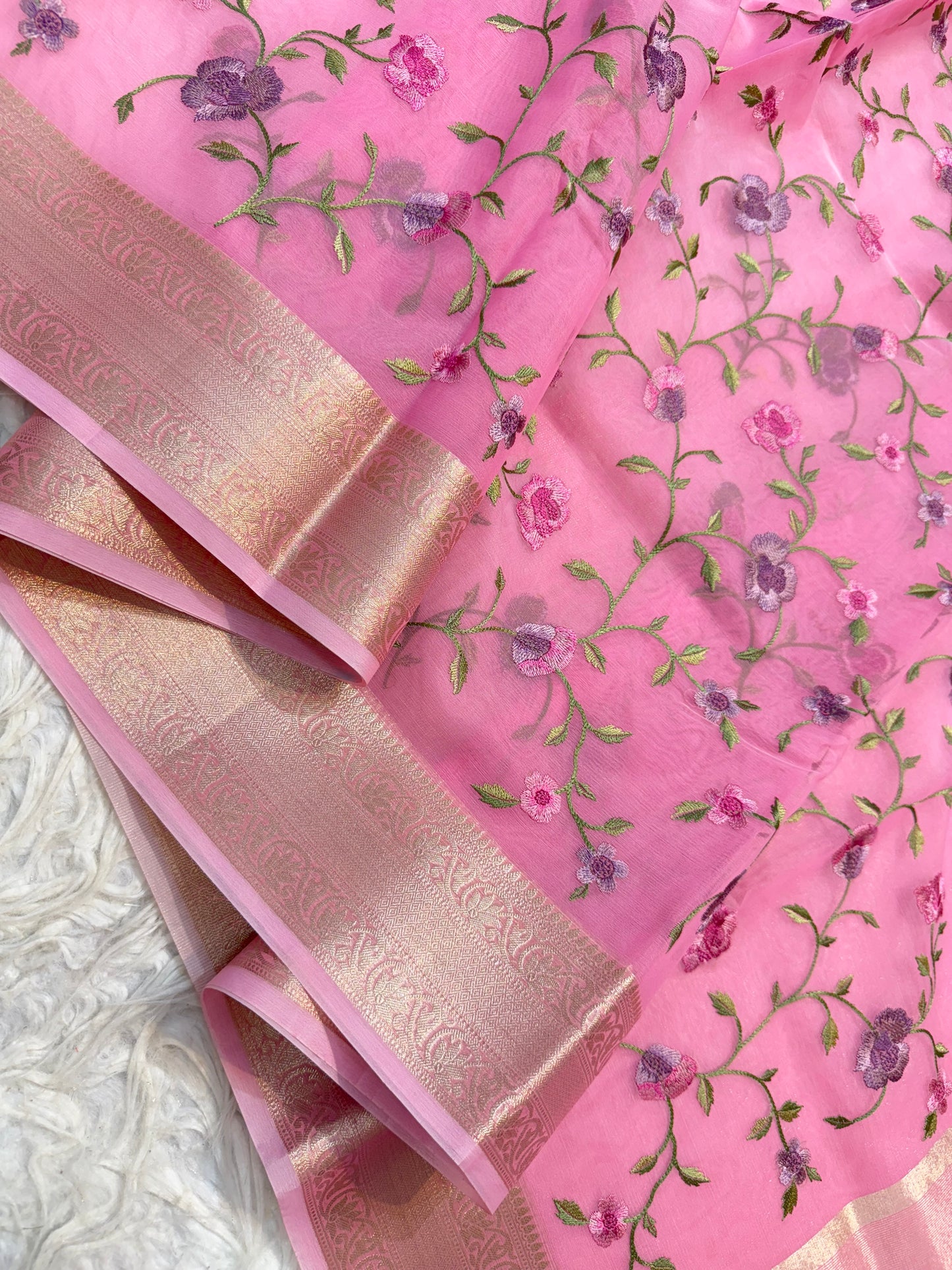 Pink organza embroidery Banarasi saree
