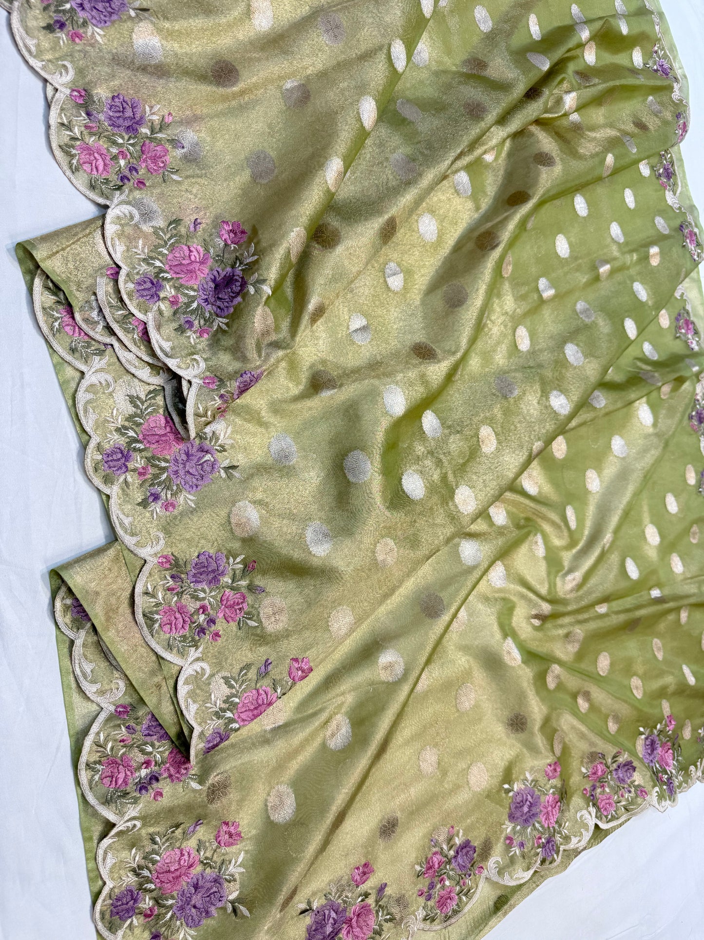 Pista green tissue cutwork embroidery premium designer Banarasi saree