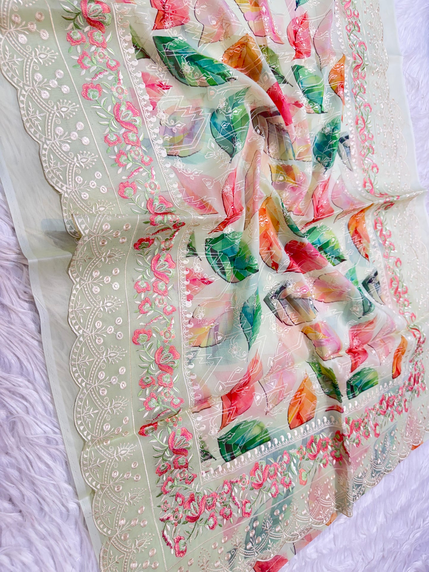 Pista green multi shade kora organza digital print embroidery Banarasi saree