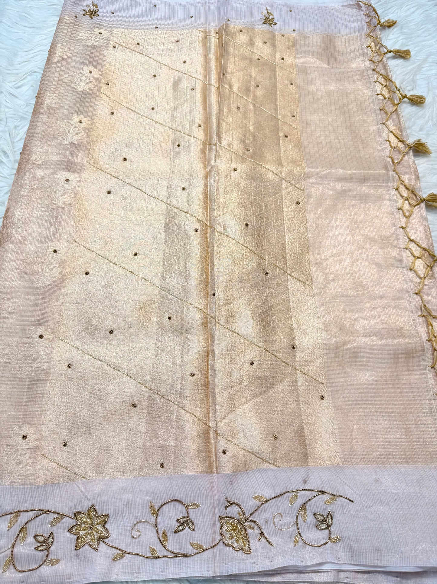 Off white shade tissue kota handwork premium Banarasi saree