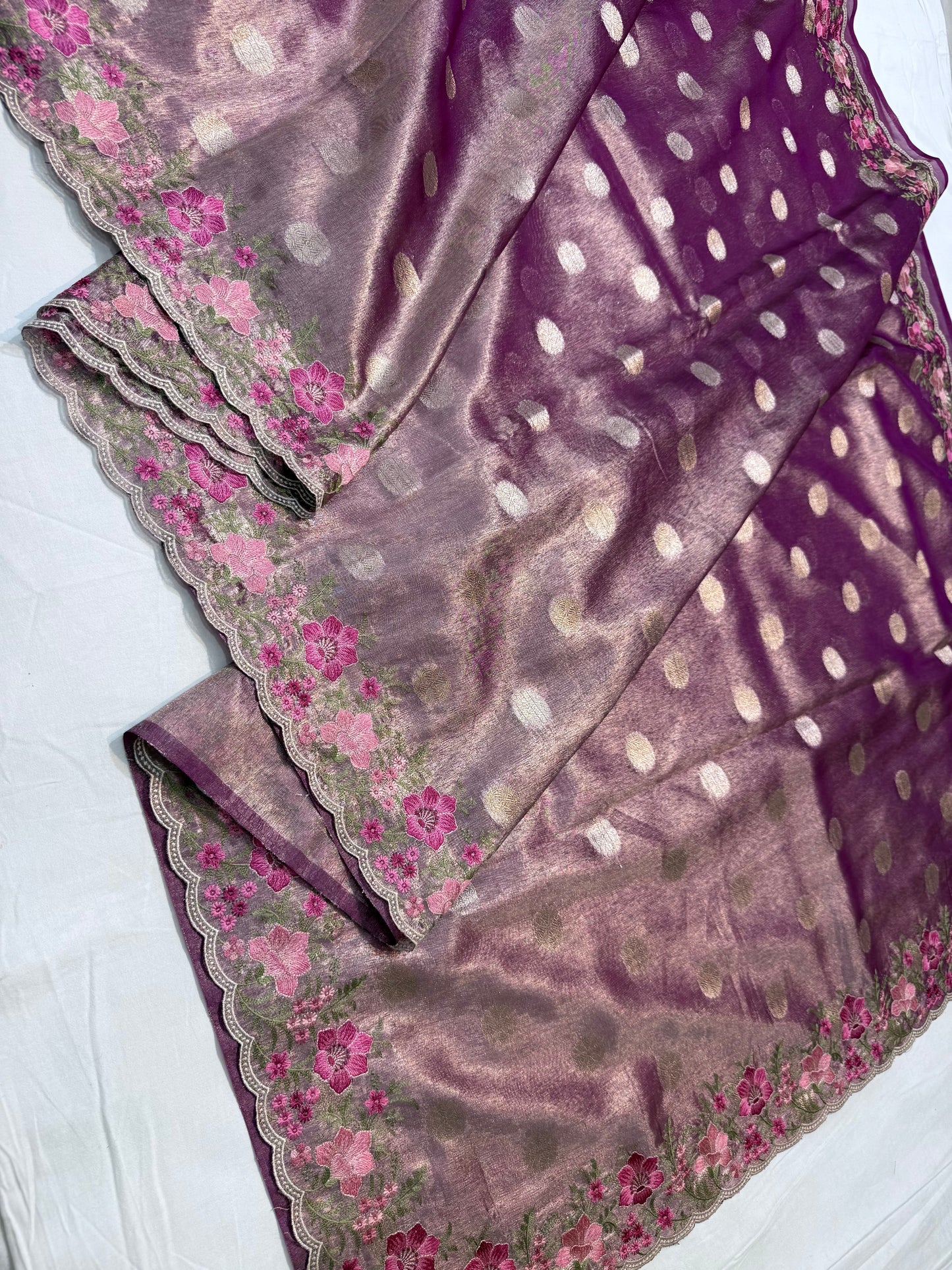 Magenta tissue cutwork embroidery premium designer Banarasi saree