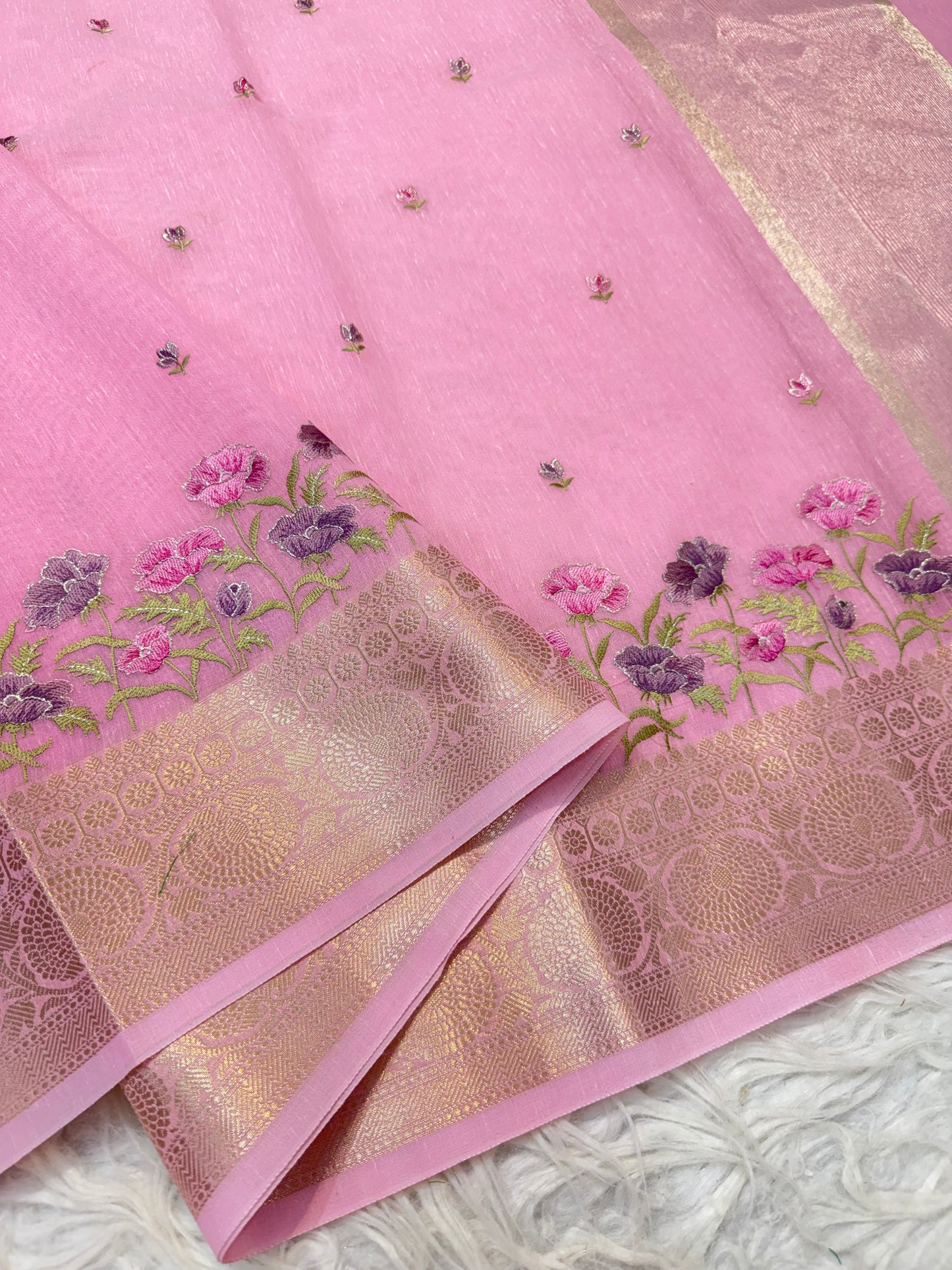 Pink green shade linen embroidery Banarasi saree