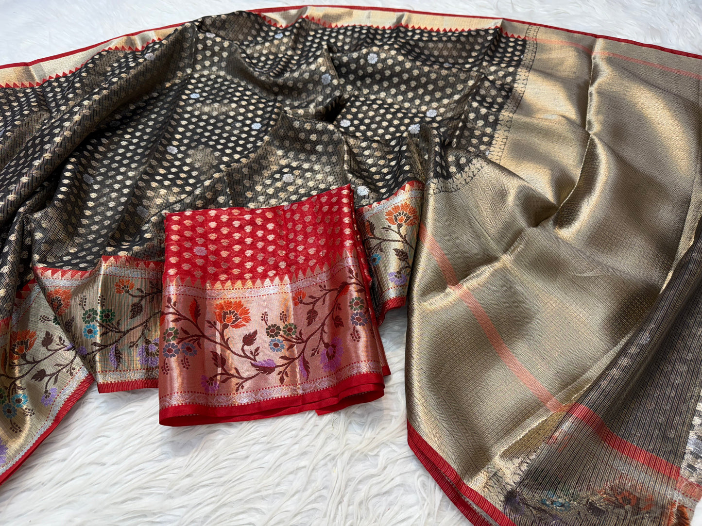 Black & red shade tissue kota premium paithani border banarasi saree