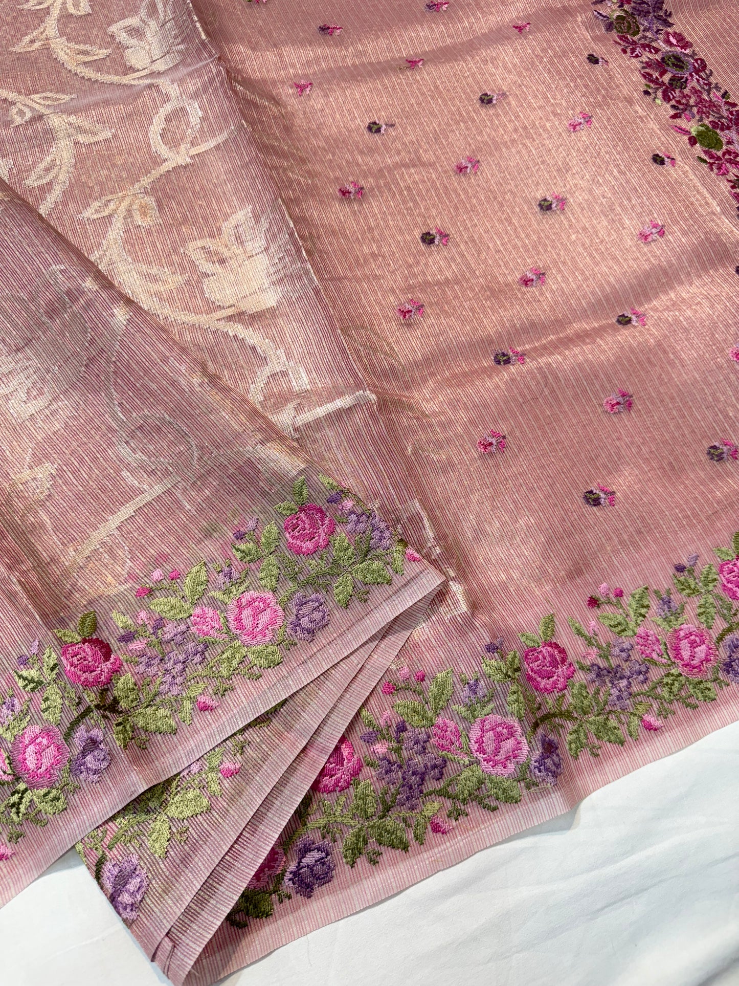 Peach shade tissue kota embroidery primum Banarasi saree