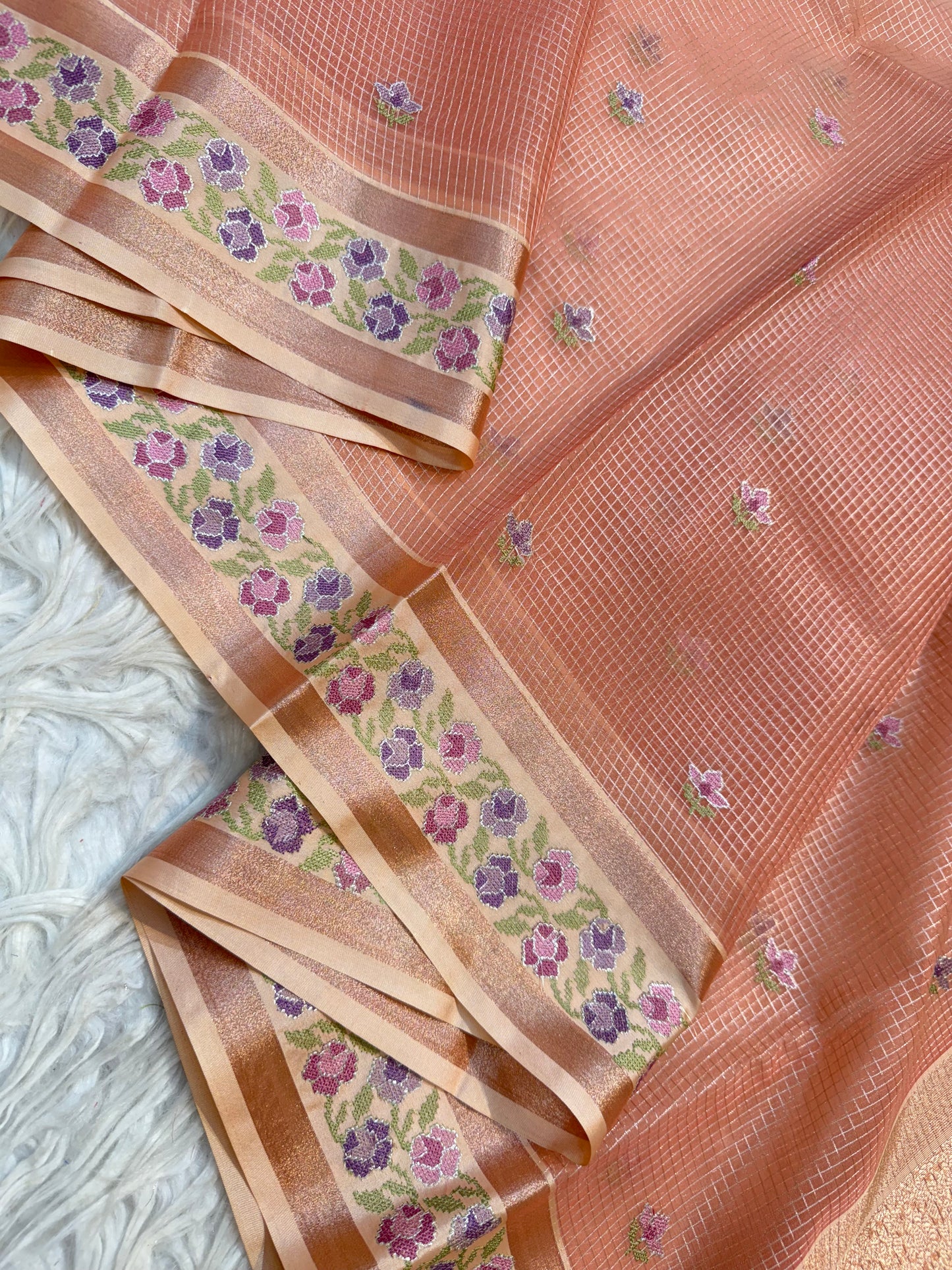 Bronze shade kora organza embroidery Banarasi saree