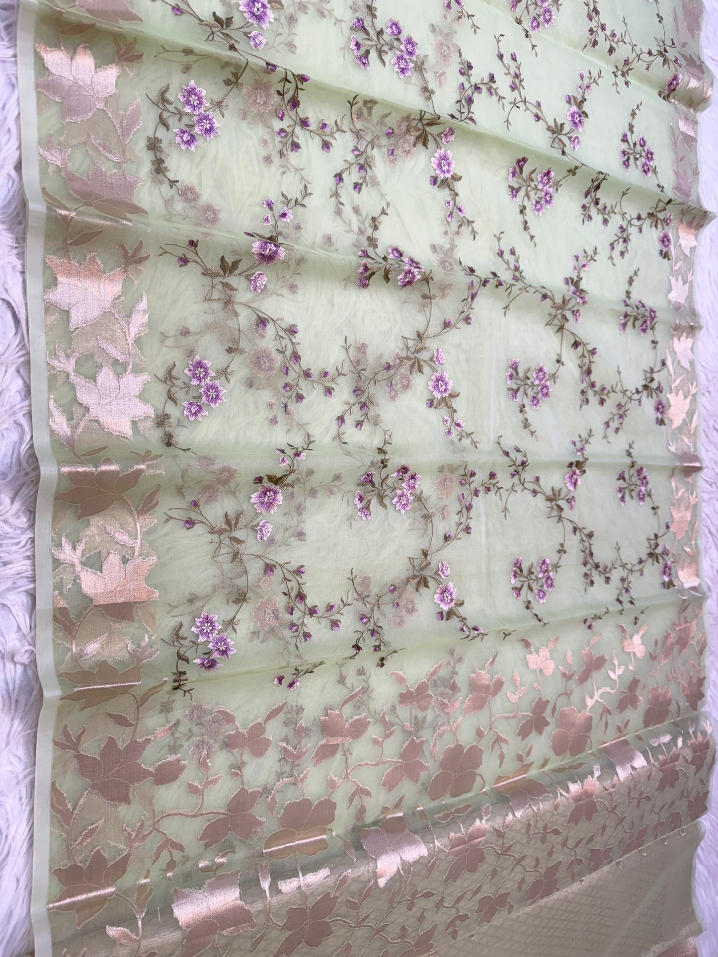 Pista green shade organza embroidery Banarasi saree