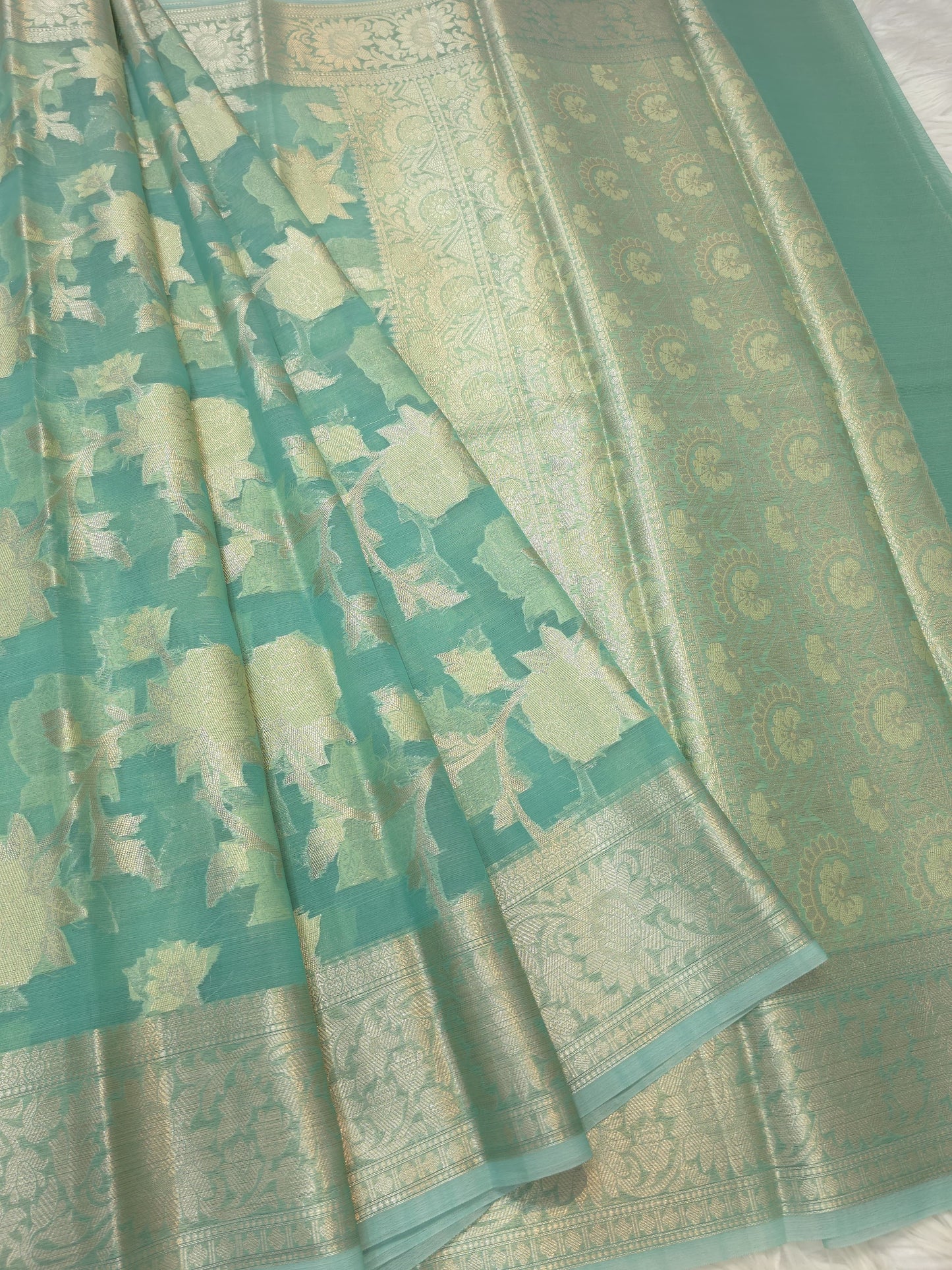 Sea green shade kora organza Banarasi saree