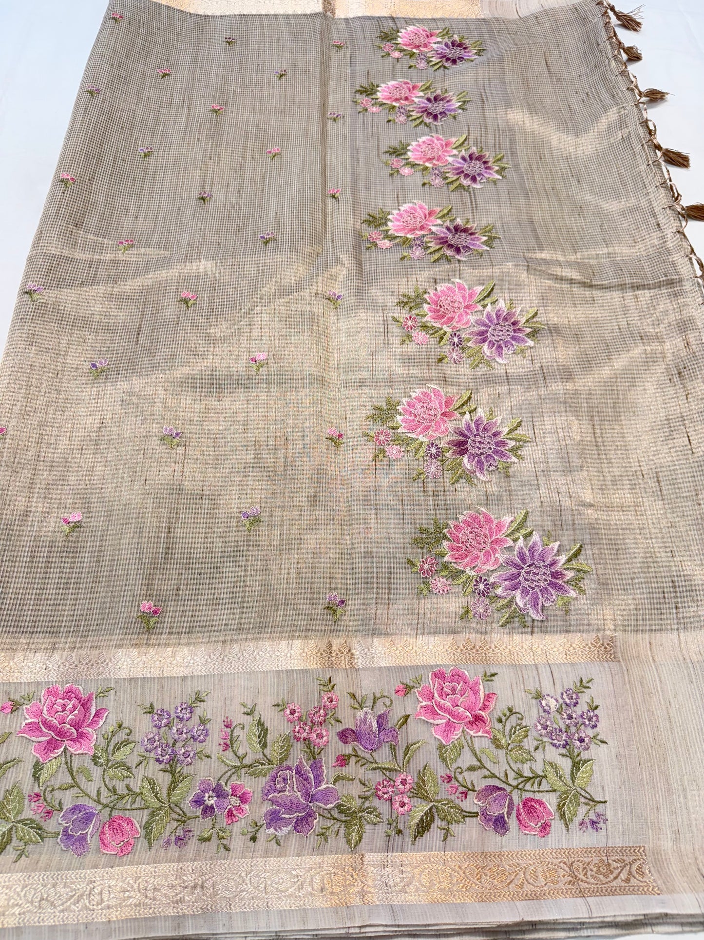 Beige shade tissue linen designer embroidery Banarasi saree