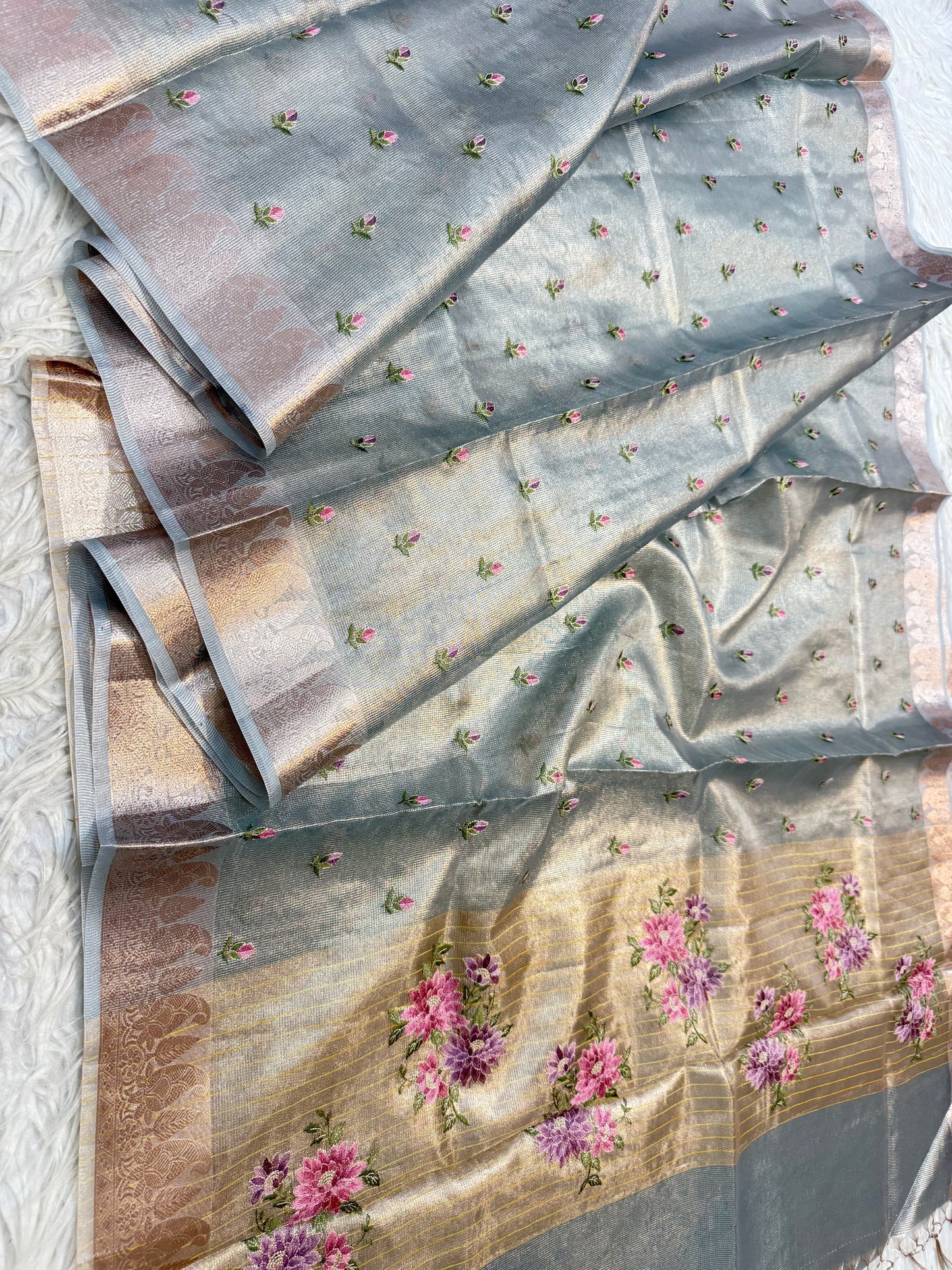 Sea green shade tissue kota embroidery primum Banarasi saree