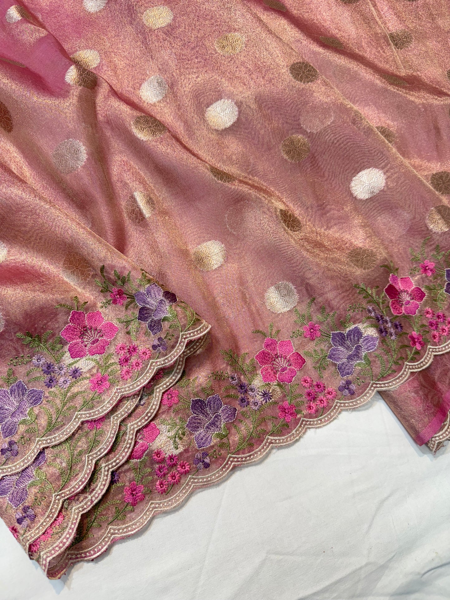 Pink tissue cutwork embroidery premium designer Banarasi saree