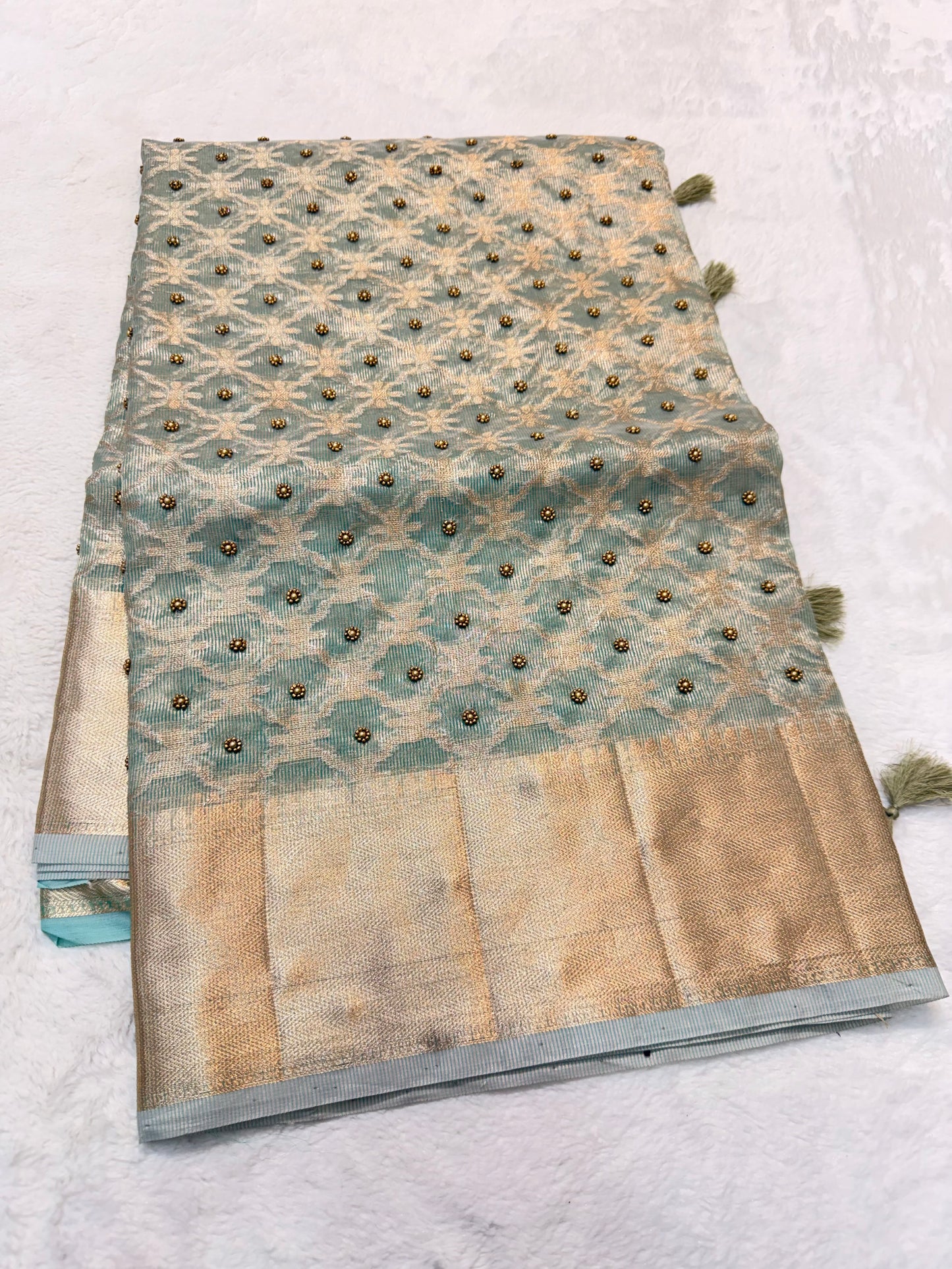 Sea green tissue kota designer handwork premium Banarasi saree