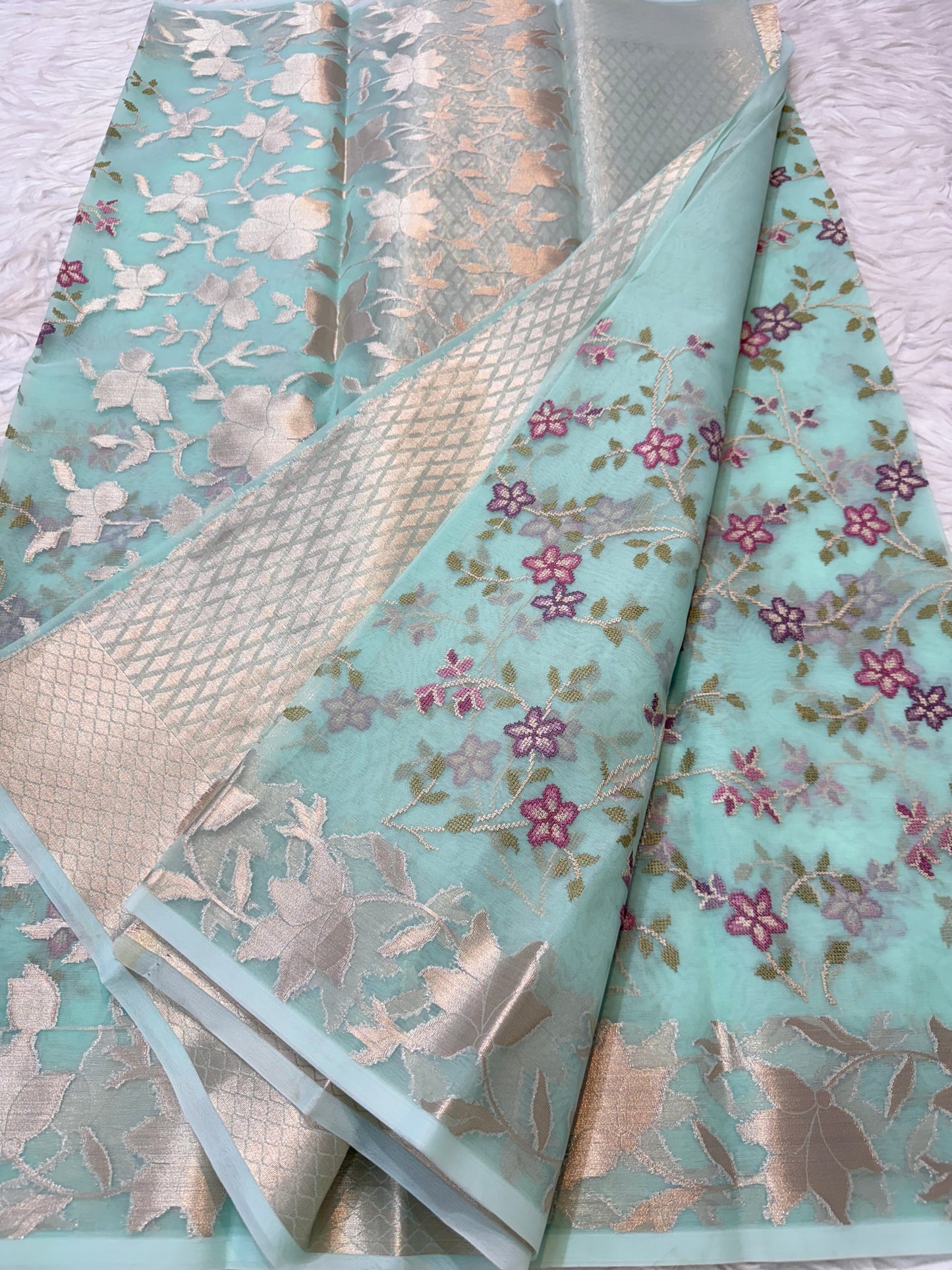 Turquoise shade kora organza embroidery saree