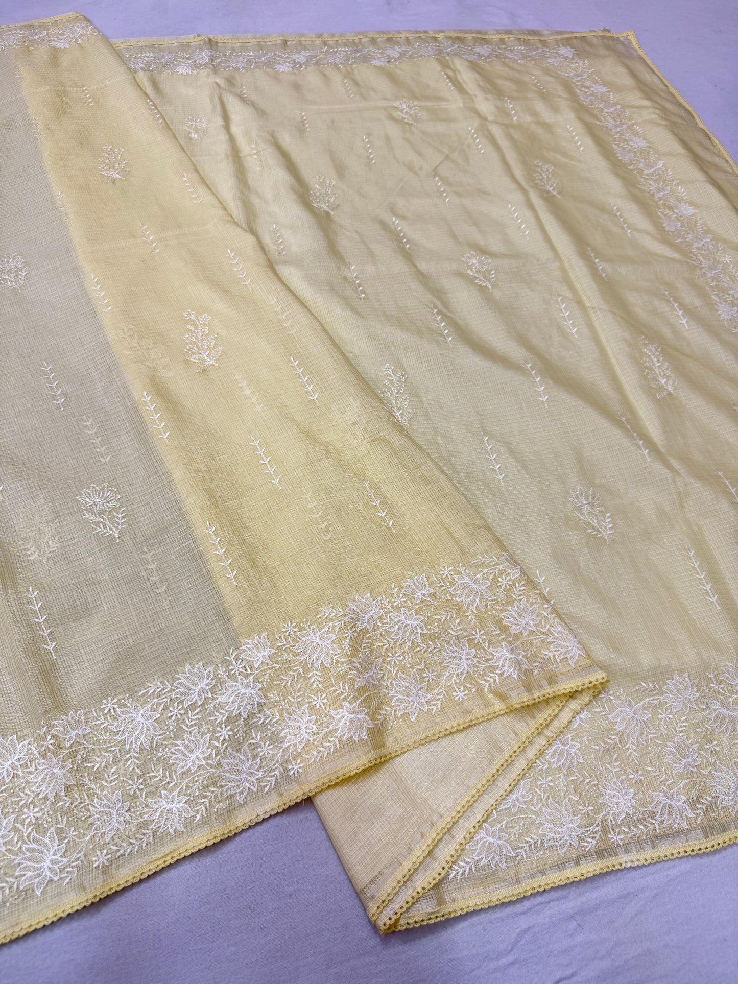 Safety yellow shade cotton kota chickenkari embroidery Banarasi saree