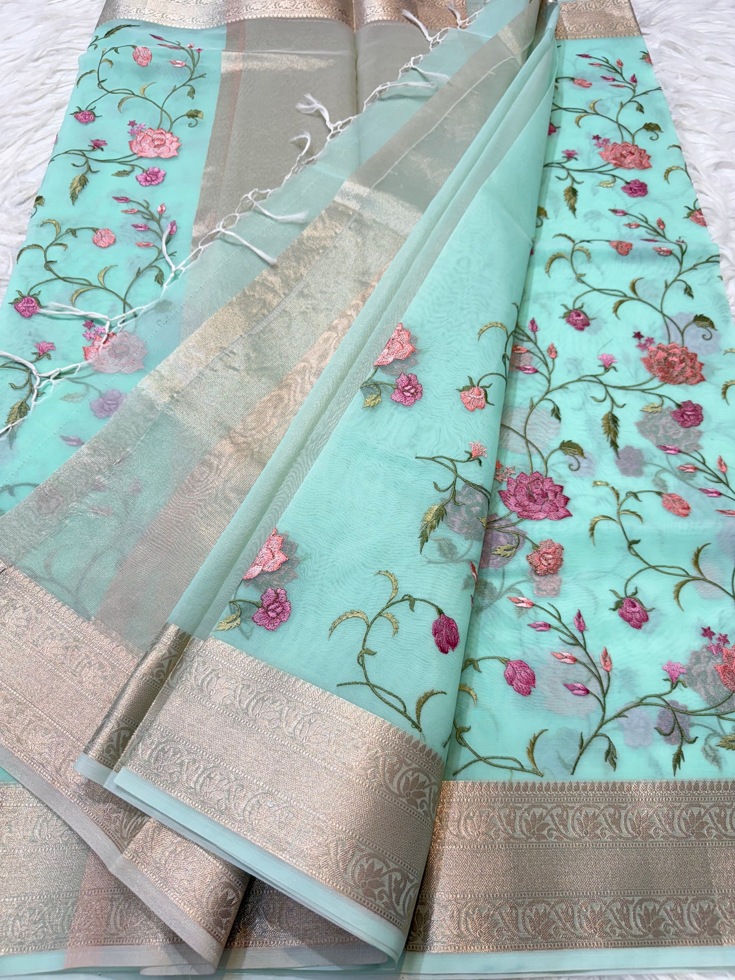 Turquoise shade organza embroidery Banarasi saree