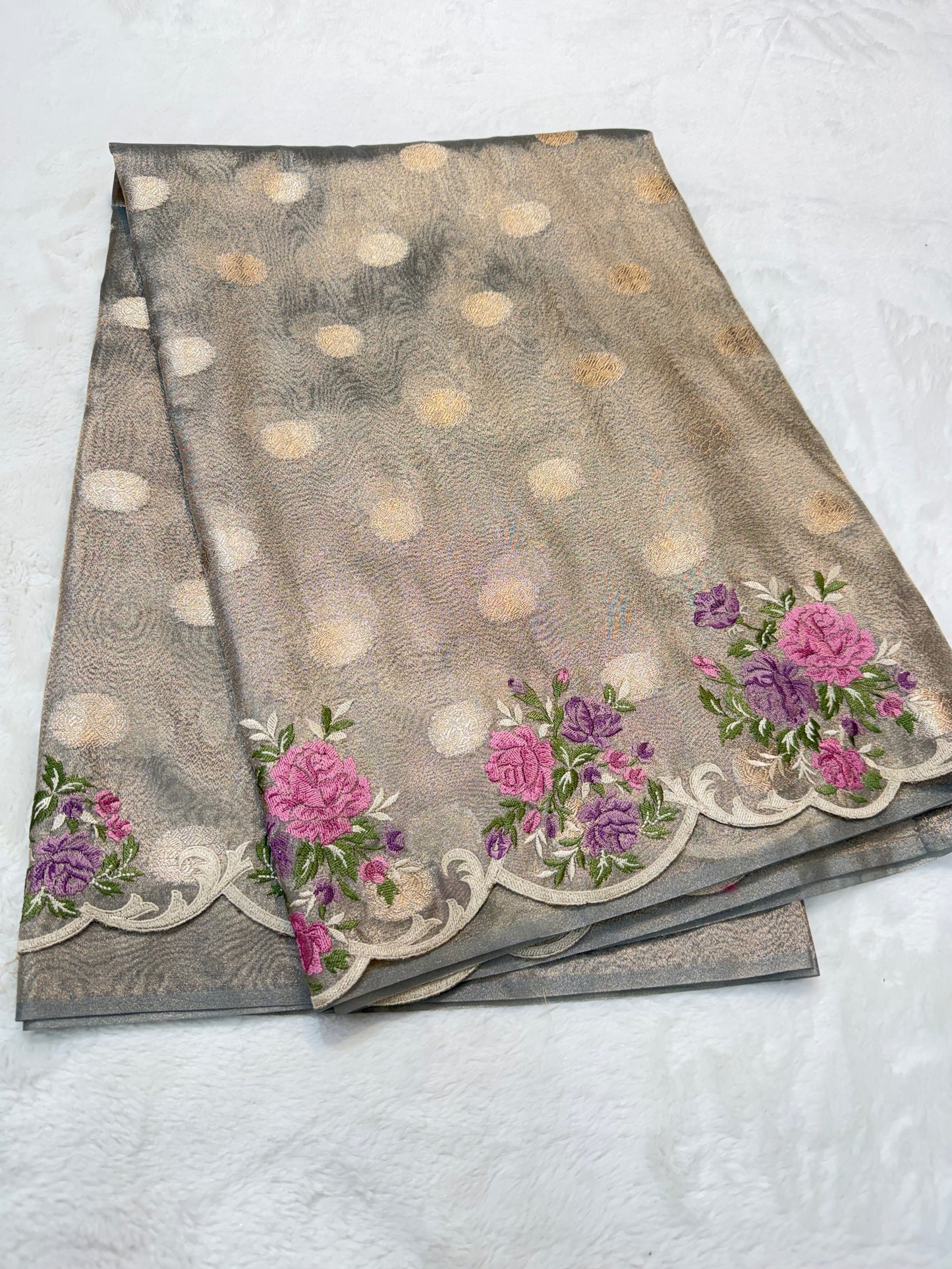 Gray shade tissue cutwork embroidery premium designer Banarasi saree