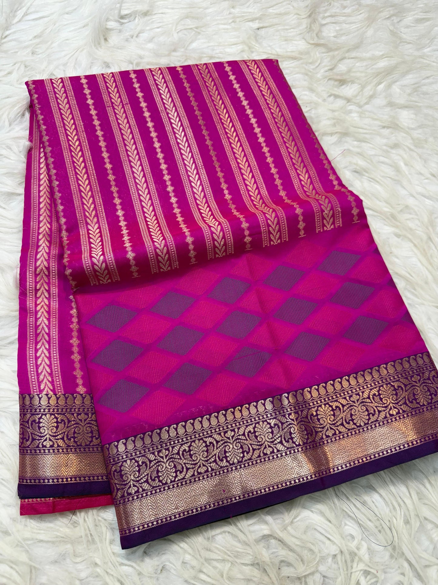 Magenta Cotton Silk Skirt Border Stripe Design Banarasi Saree