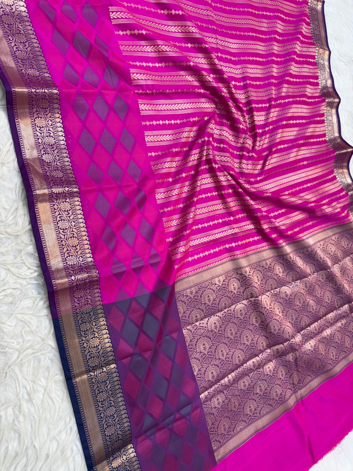 Magenta Cotton Silk Skirt Border Stripe Design Banarasi Saree