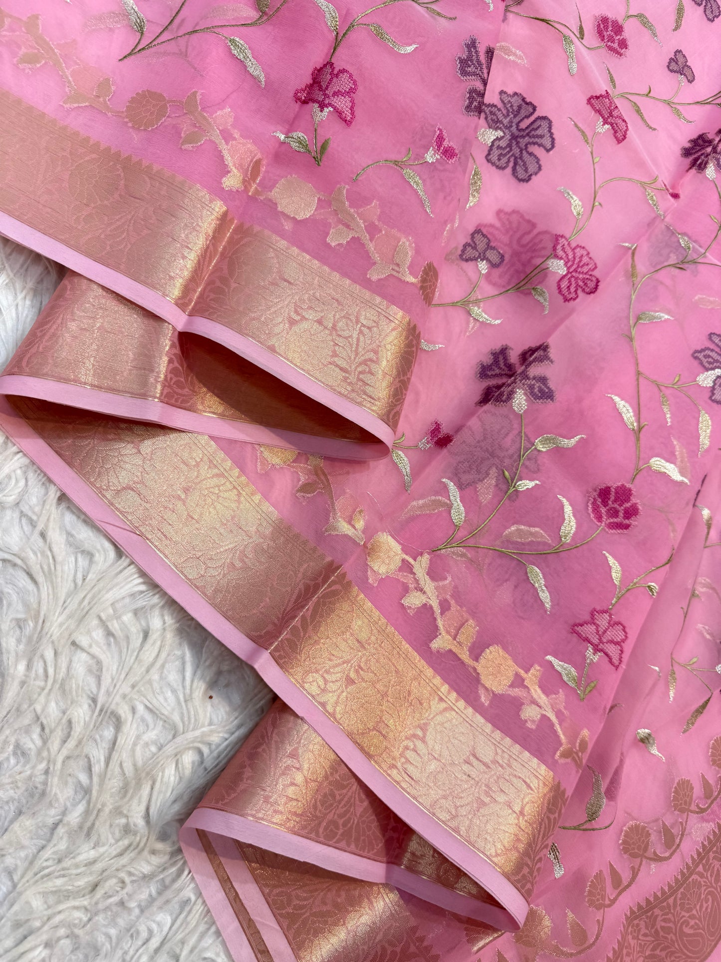 Pink shade kora organza embroidery Banarasi saree