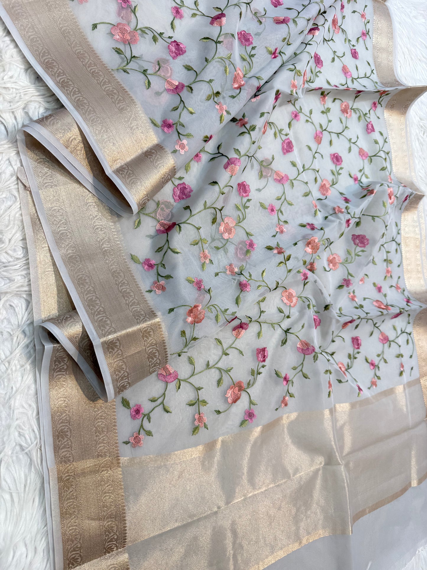 Grey organza embroidery Banarasi saree