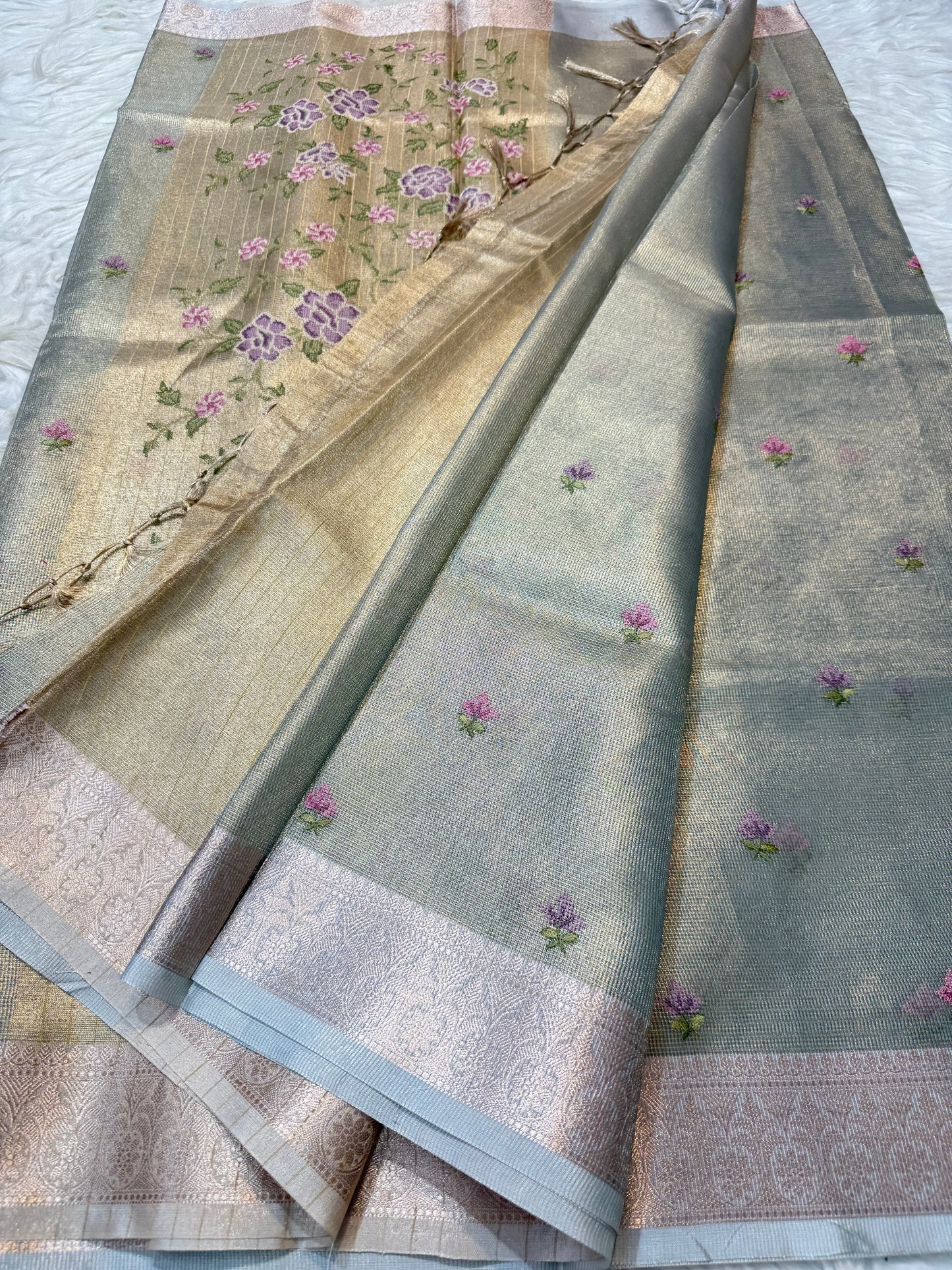 Sea green shade tissue kota embroidery primum Banarasi saree