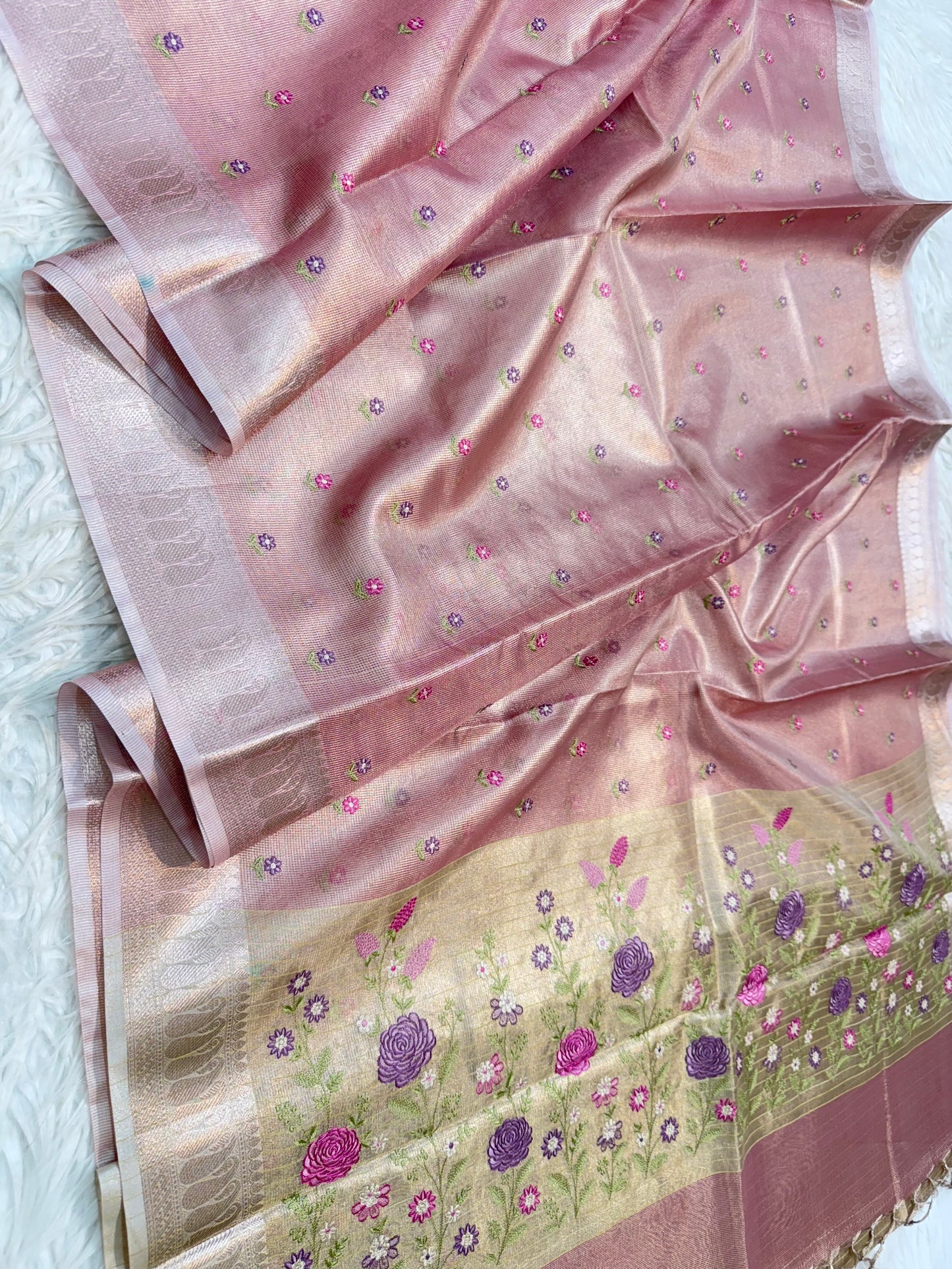 Peach shade tissue kota embroidery primum Banarasi saree