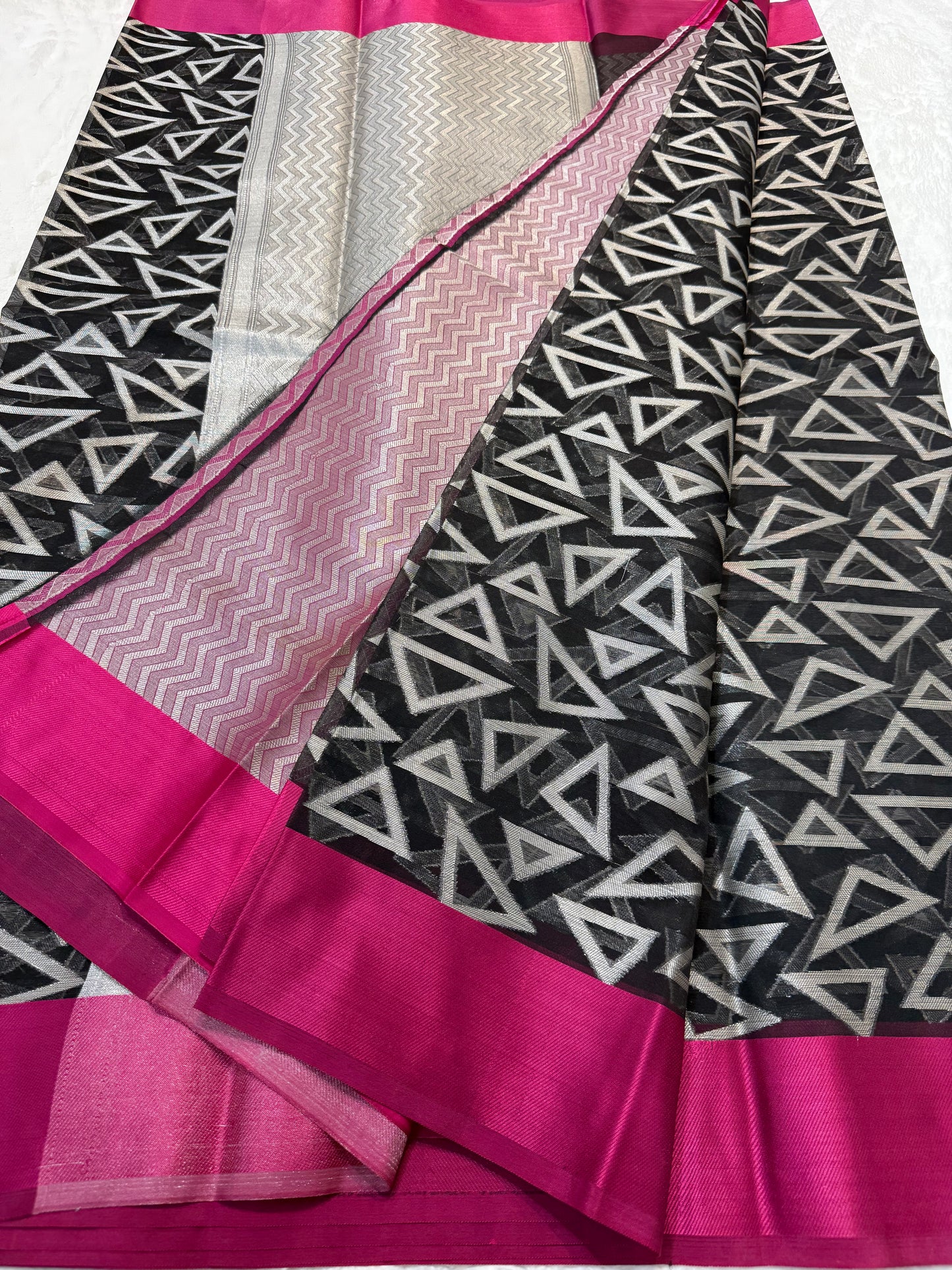 Black & royal pink shade kora organza Banarasi saree