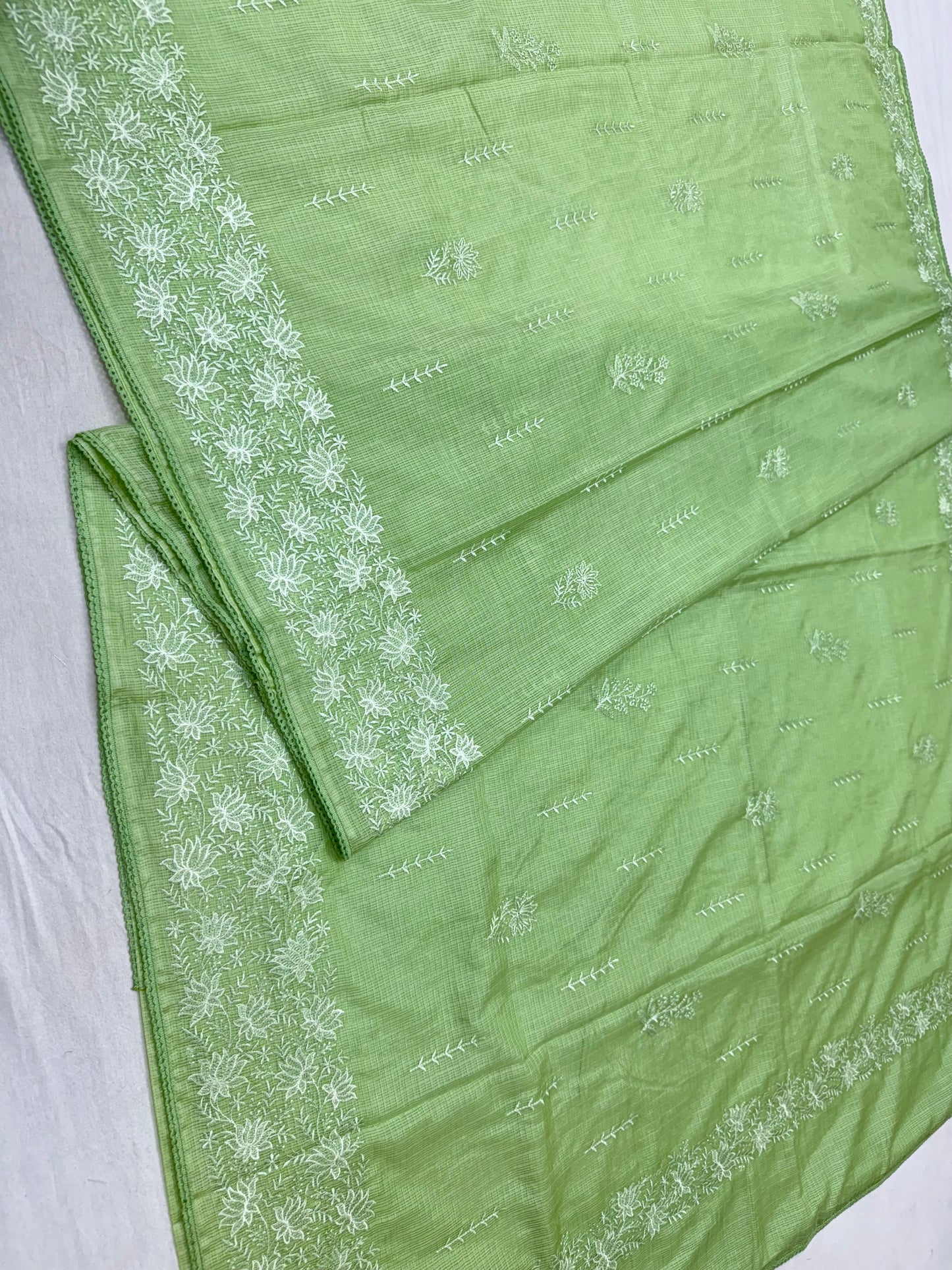 Pista green shade cotton kota chickenkari embroidery Banarasi saree