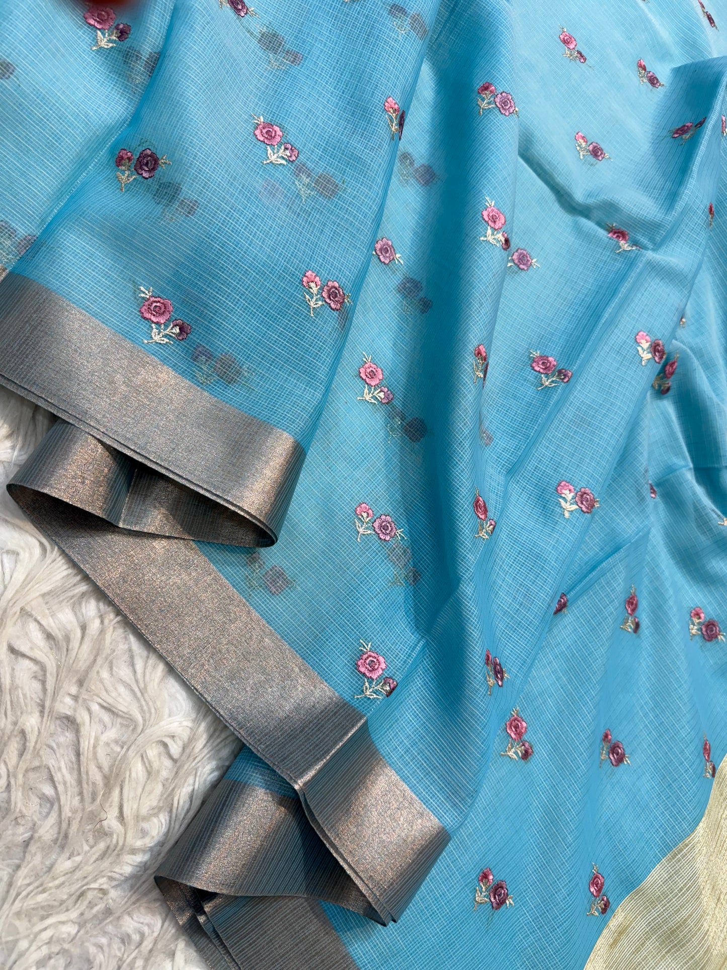 Sky blue shade cotton kota embroidery Banarasi saree