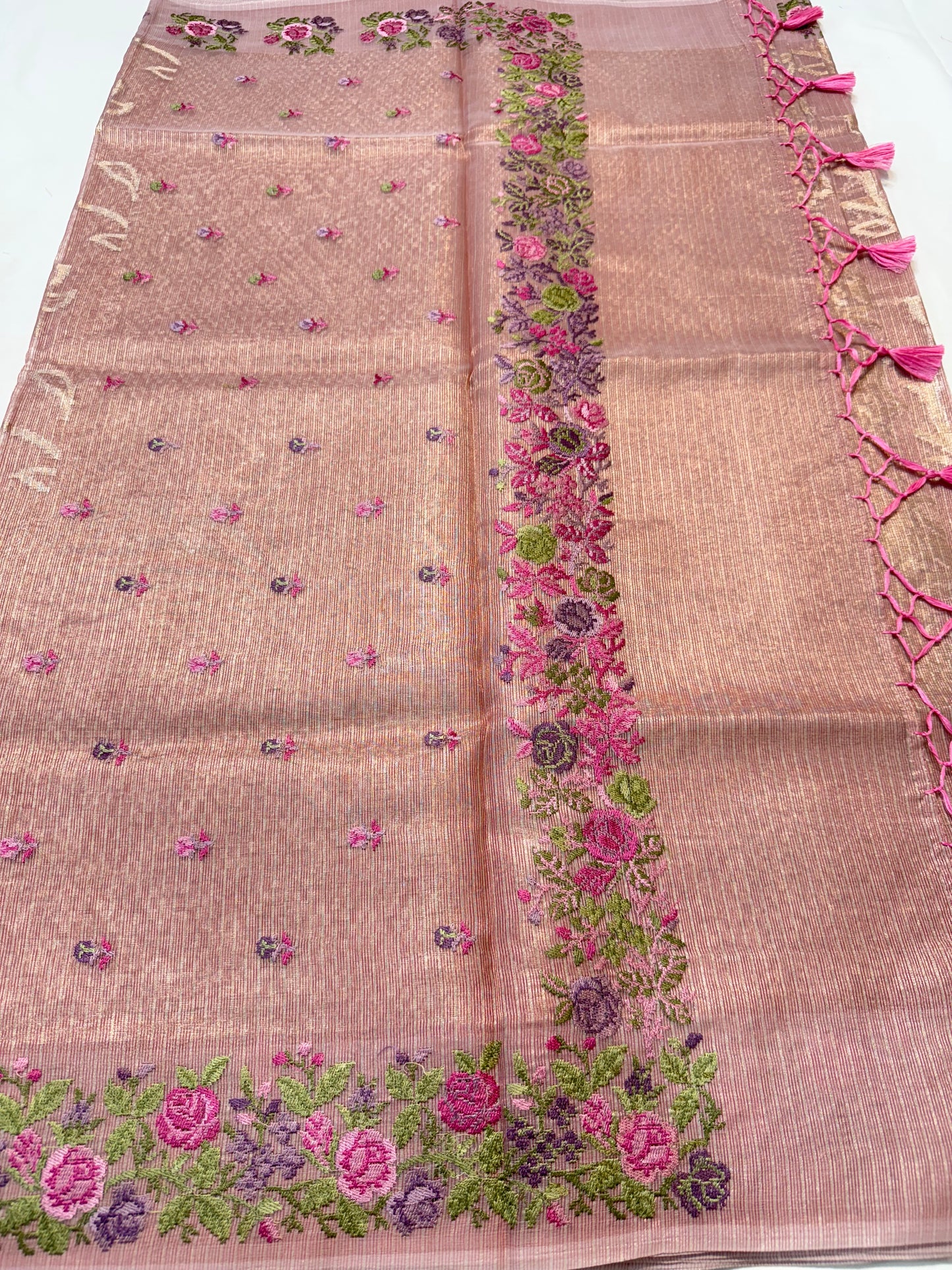 Peach shade tissue kota embroidery primum Banarasi saree