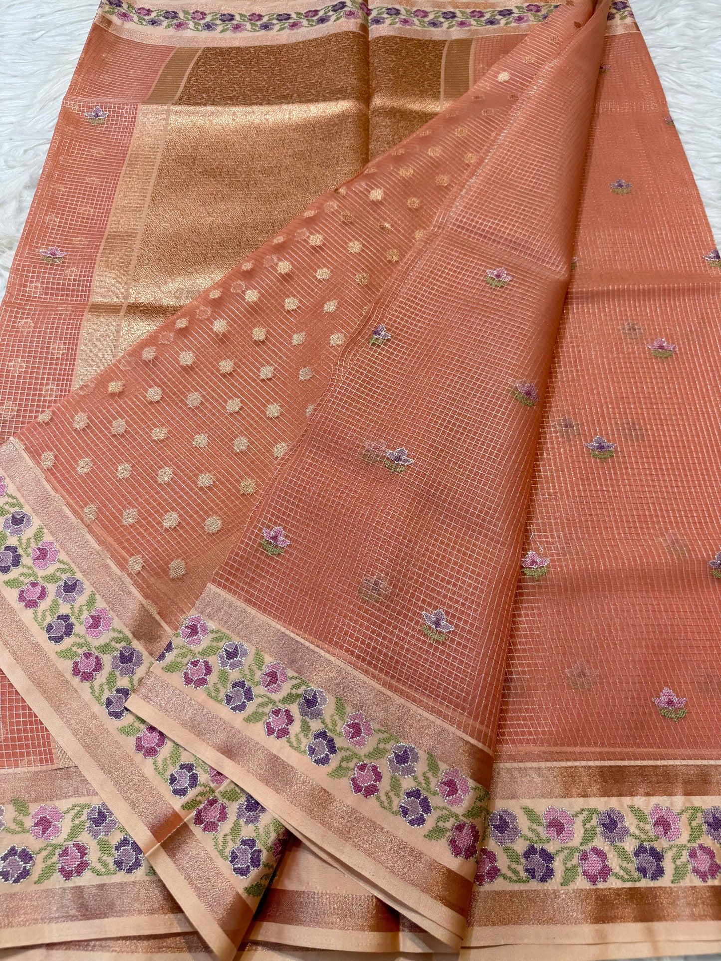 Bronze shade kora organza embroidery Banarasi saree
