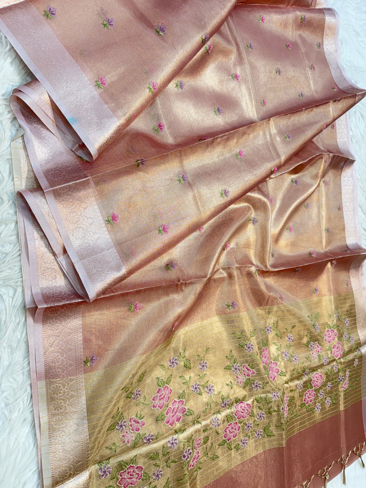 Peach shade tissue kota embroidery primum Banarasi saree