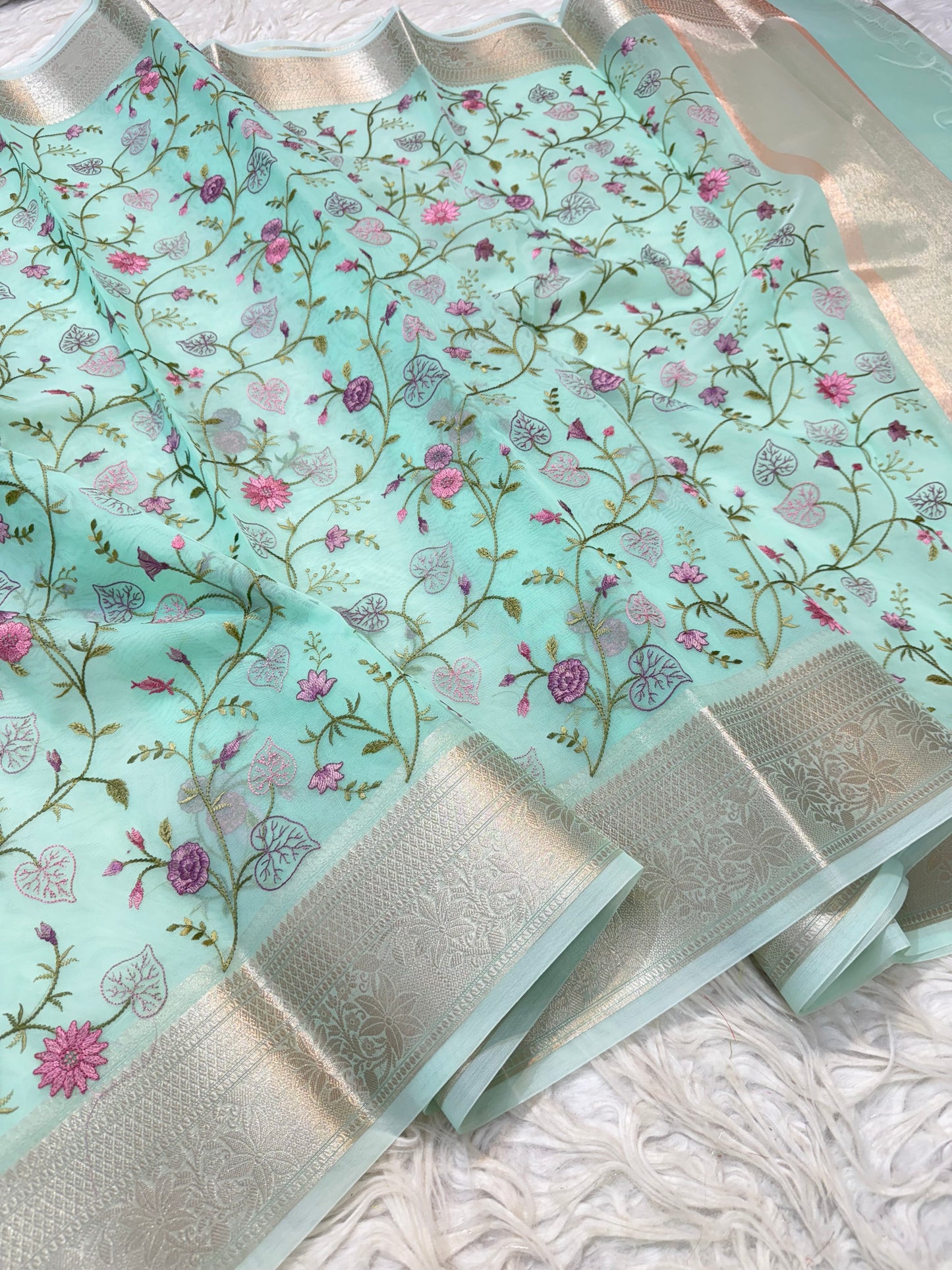 Turquoise shade organza embroidery Banarasi saree
