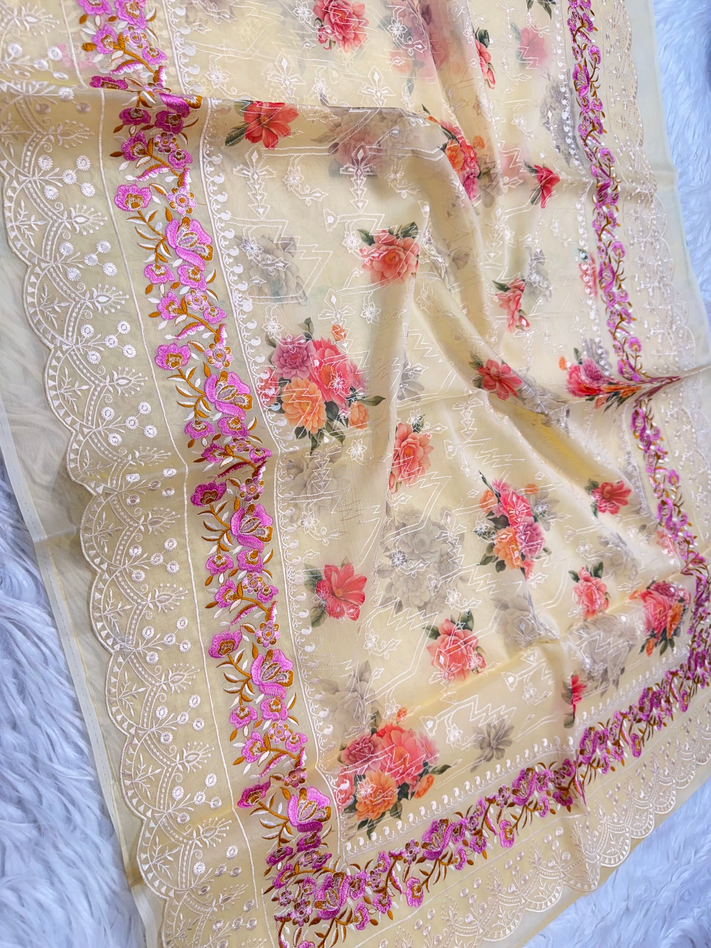 Yellow multi shade kora organza digital print embroidery Banarasi saree