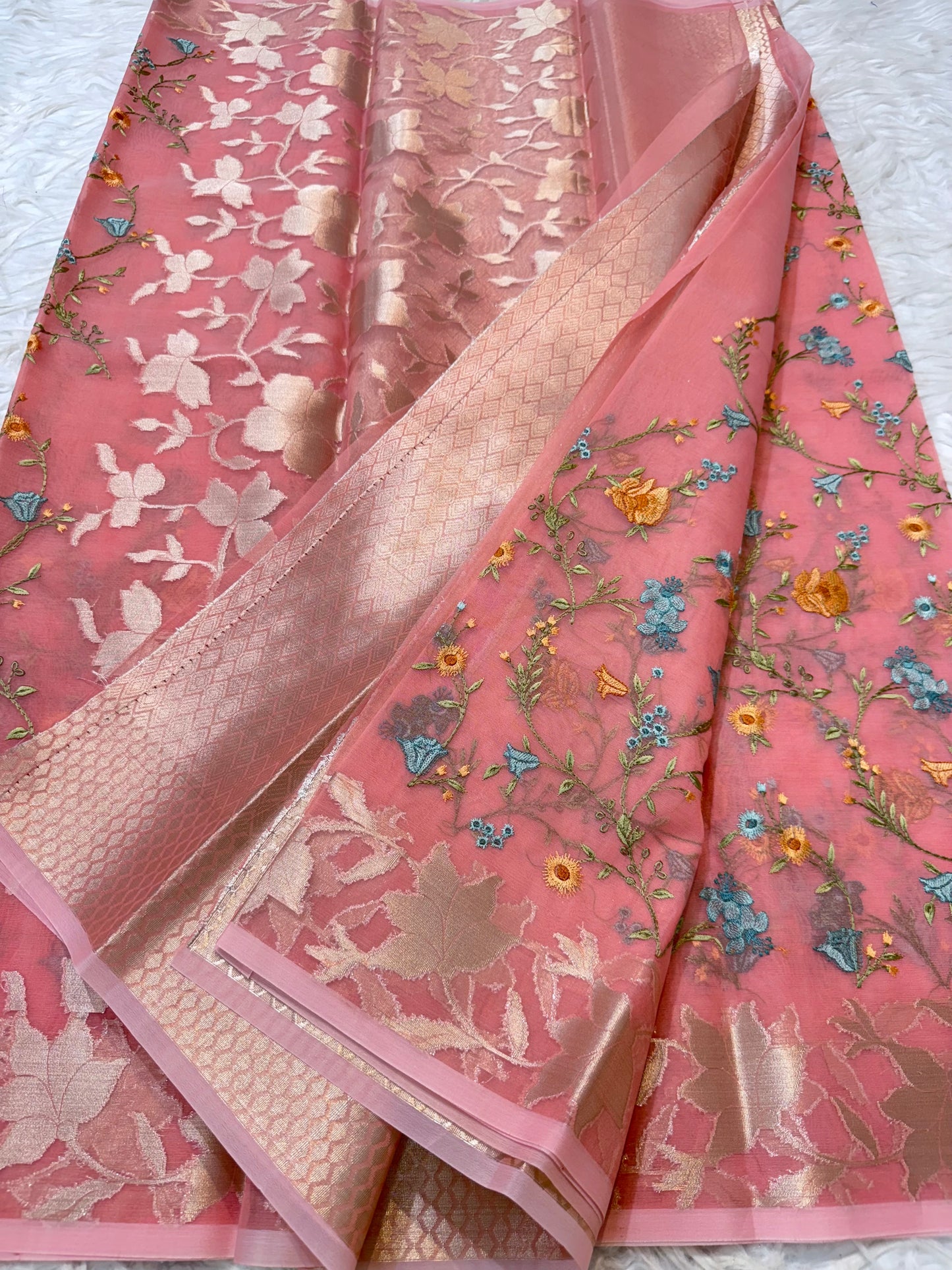 Peach shade kora organza embroidery Banarasi saree
