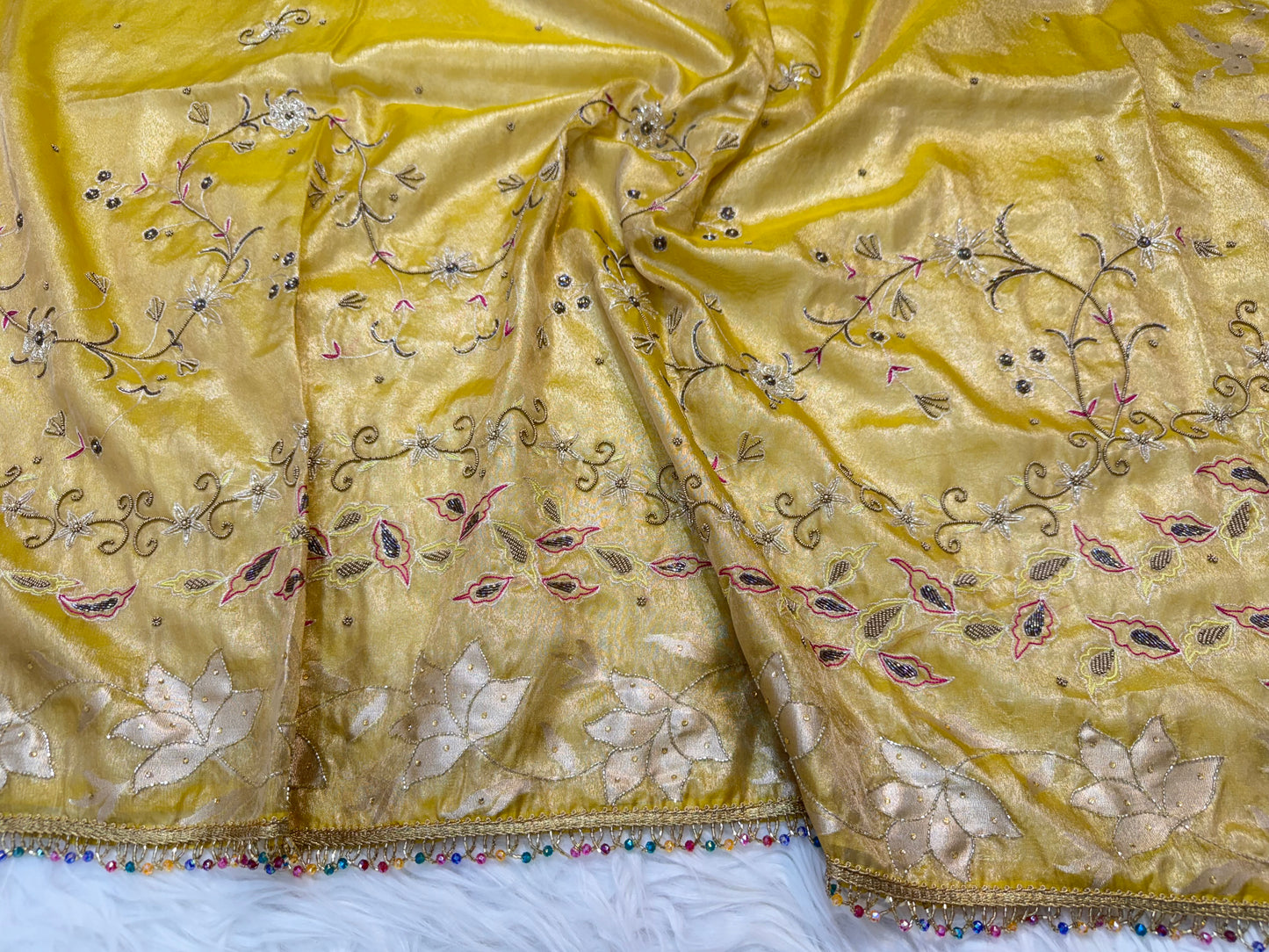 Yellow shade tissue ari & zardosi work designer premium Banarasi saree