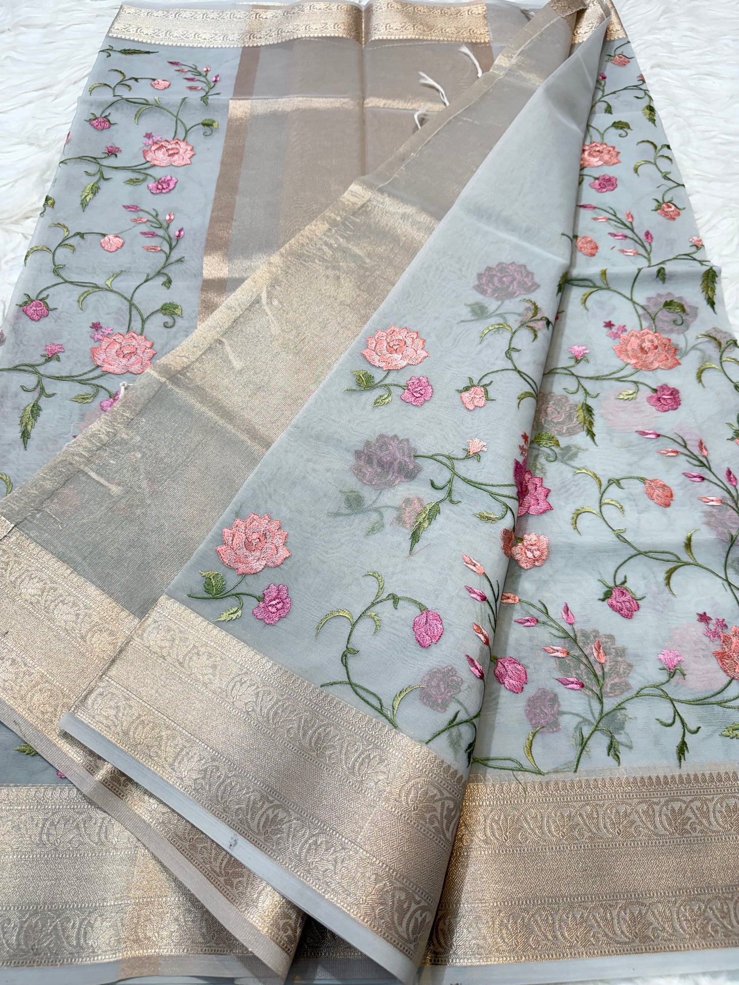 Grey shade organza embroidery Banarasi saree
