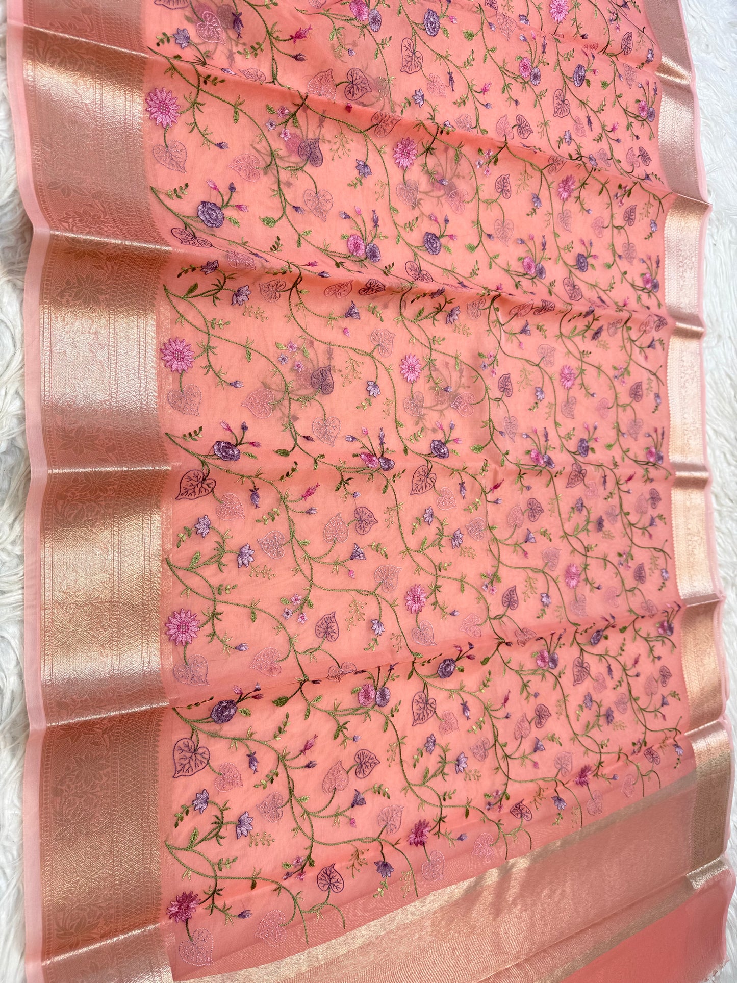 Peach shade organza embroidery Banarasi saree