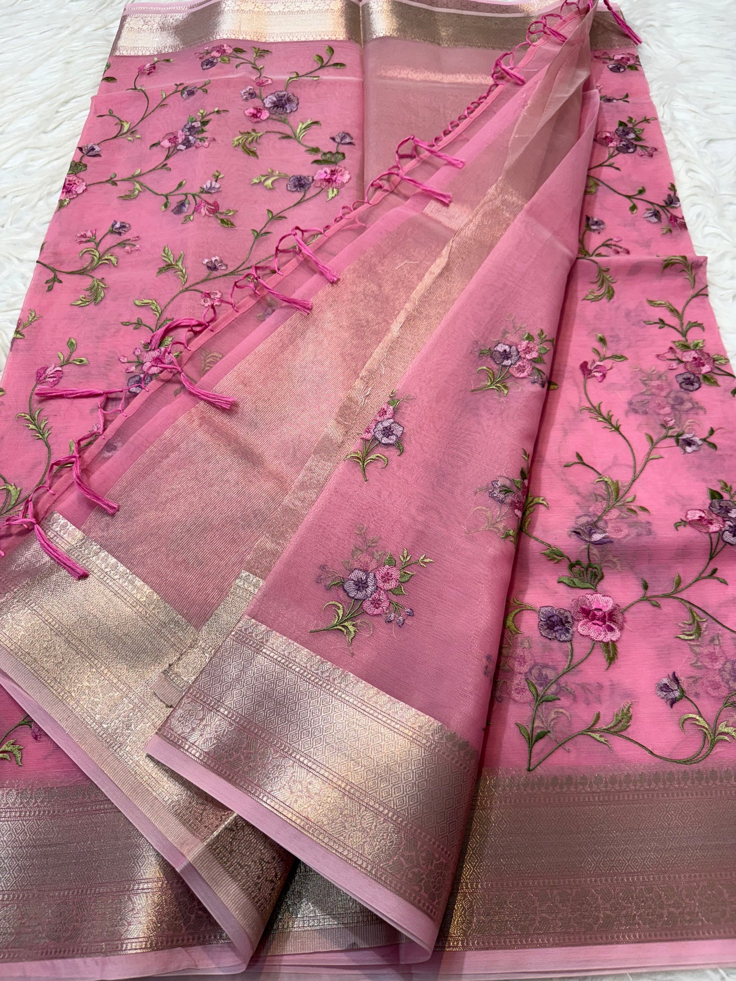 Pink shade organza embroidery Banarasi saree
