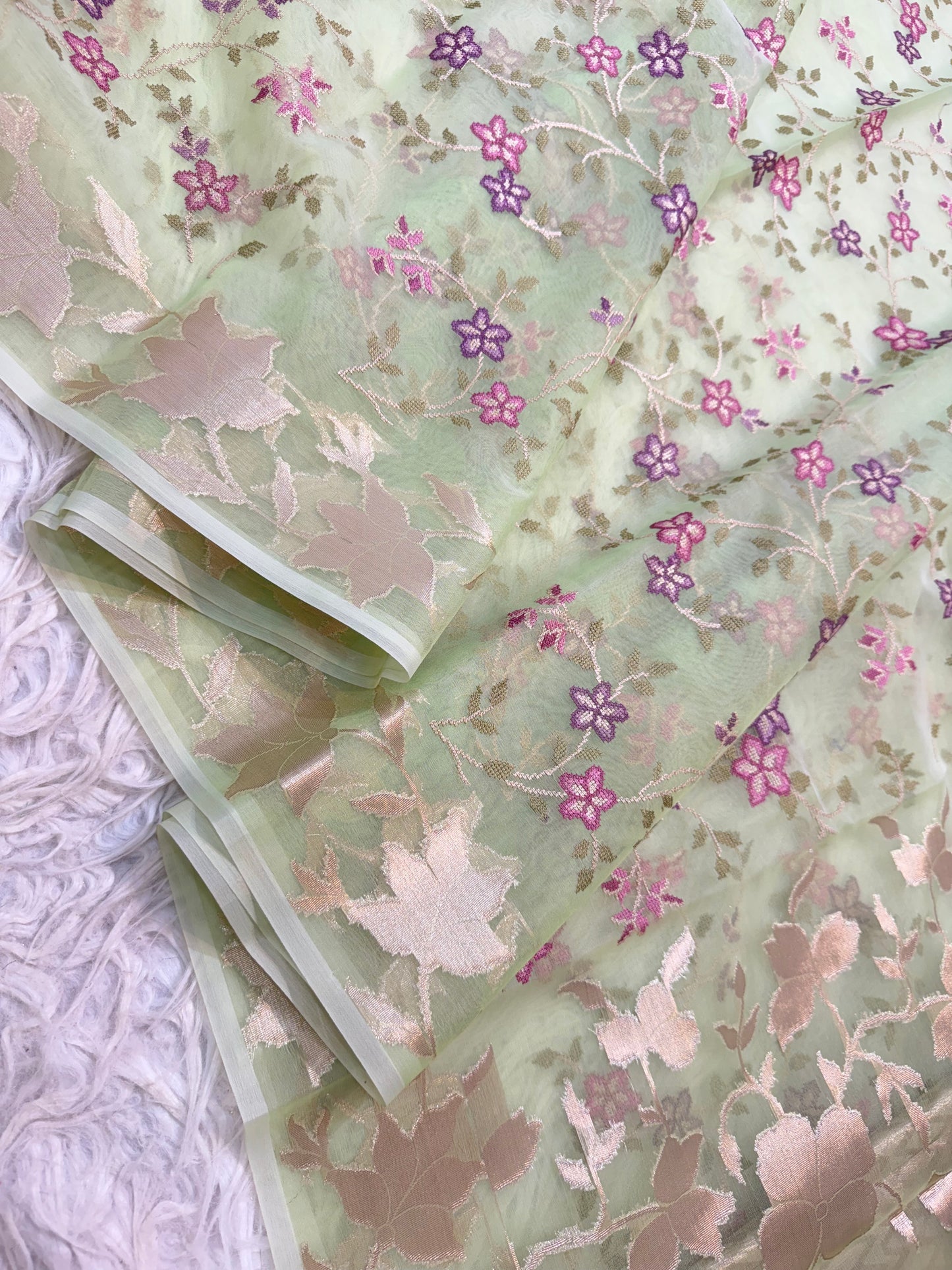 Parrot green shade kora organza embroidery Banarasi saree