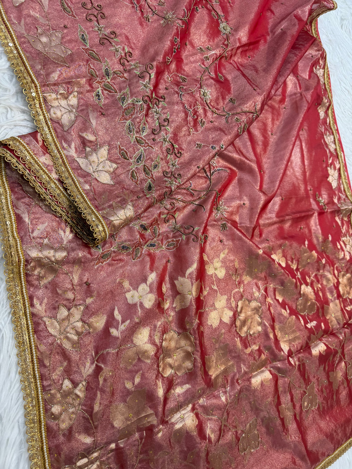 Red shade tissue ari & zardosi work designer premium Banarasi saree