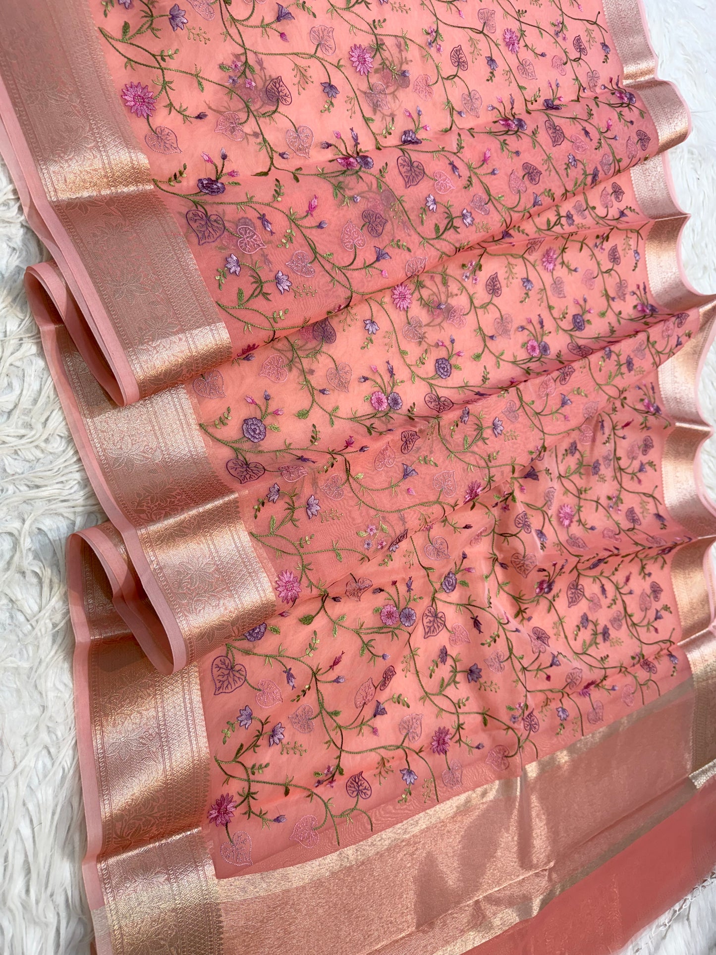 Peach shade organza embroidery Banarasi saree