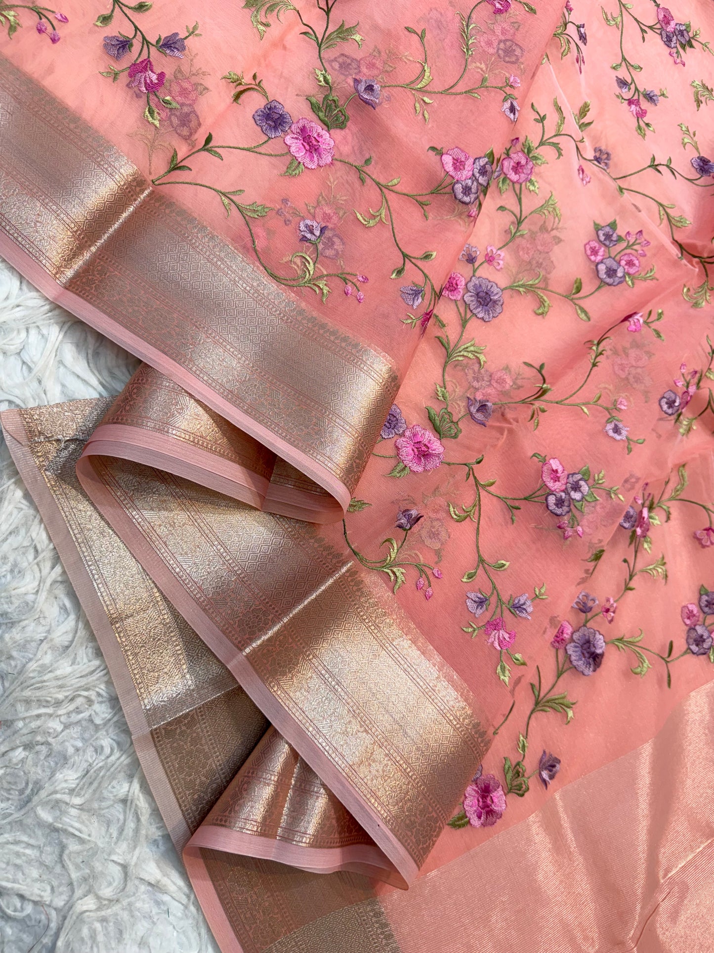 Peach shade organza embroidery Banarasi saree