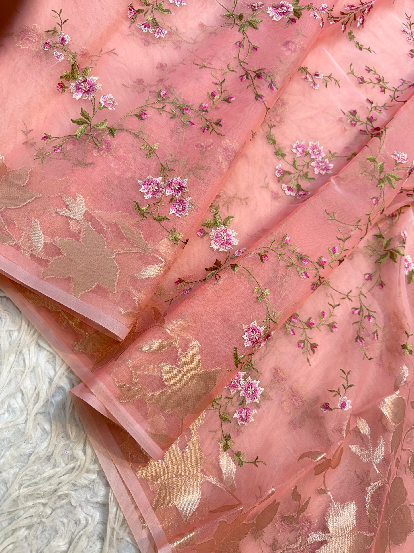 Peach shade kora organza embroidery Banarasi saree