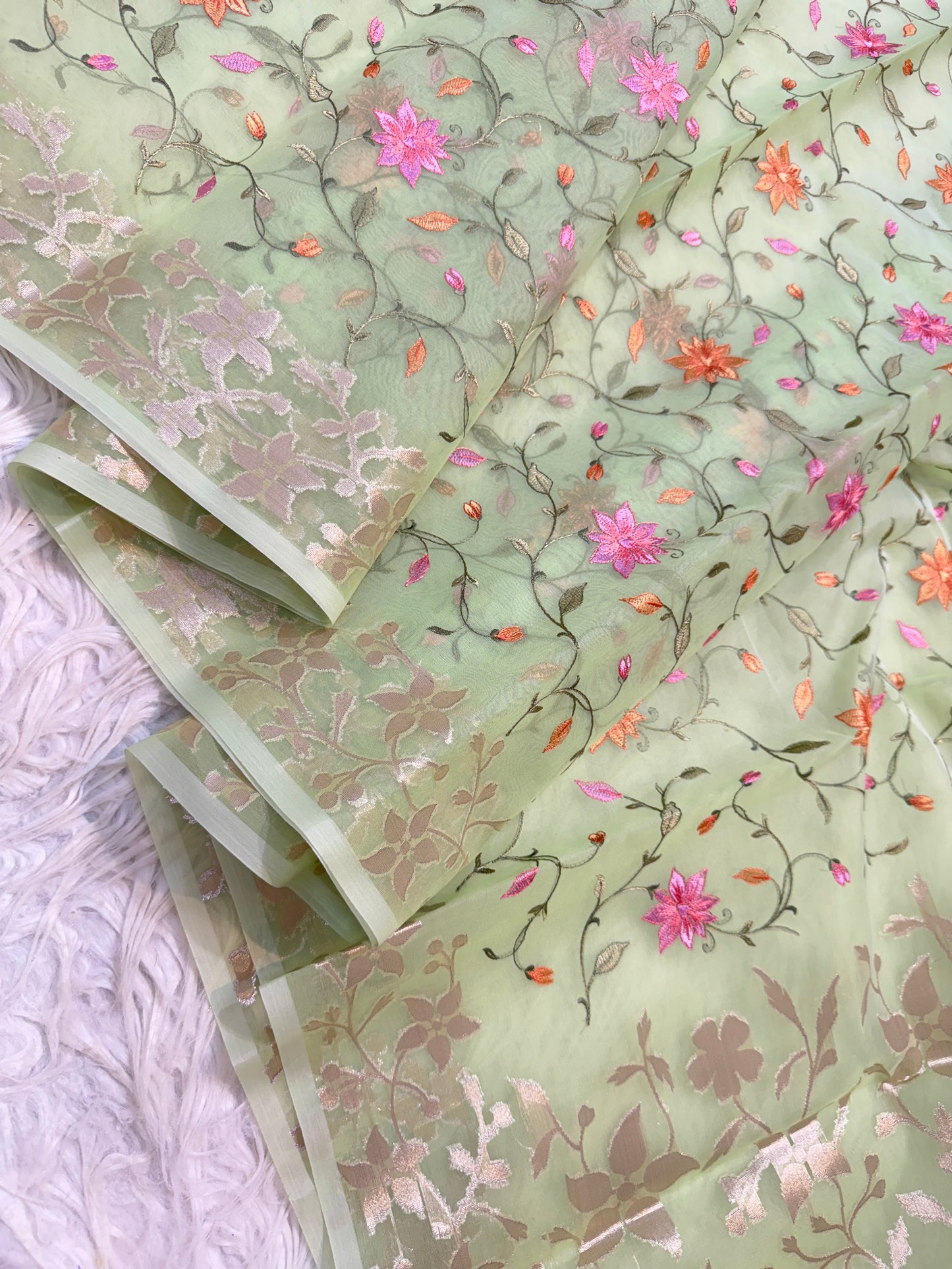 Pista green shade kora organza embroidery Banarasi saree