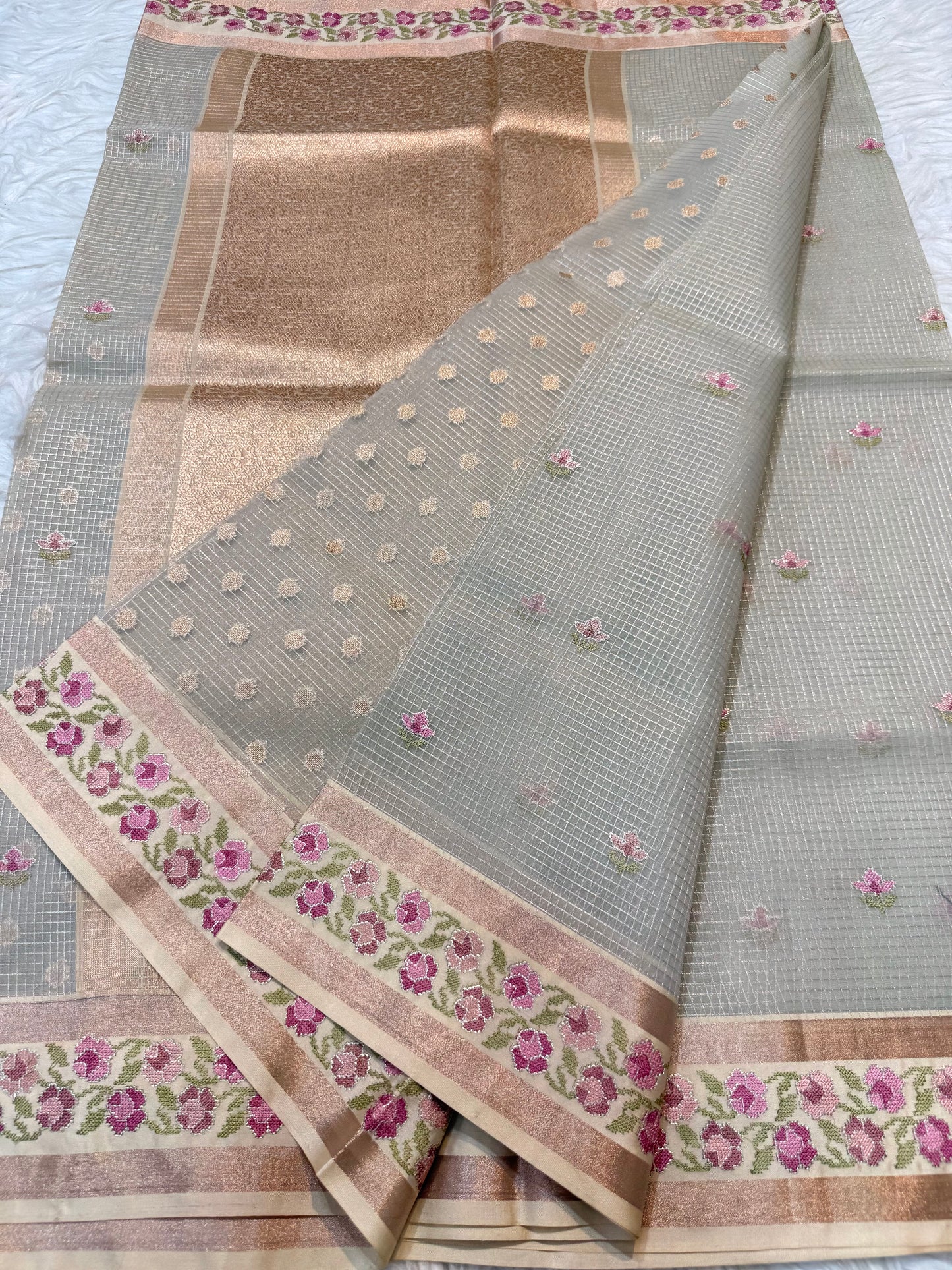 Grey shade kora organza embroidery Banarasi saree