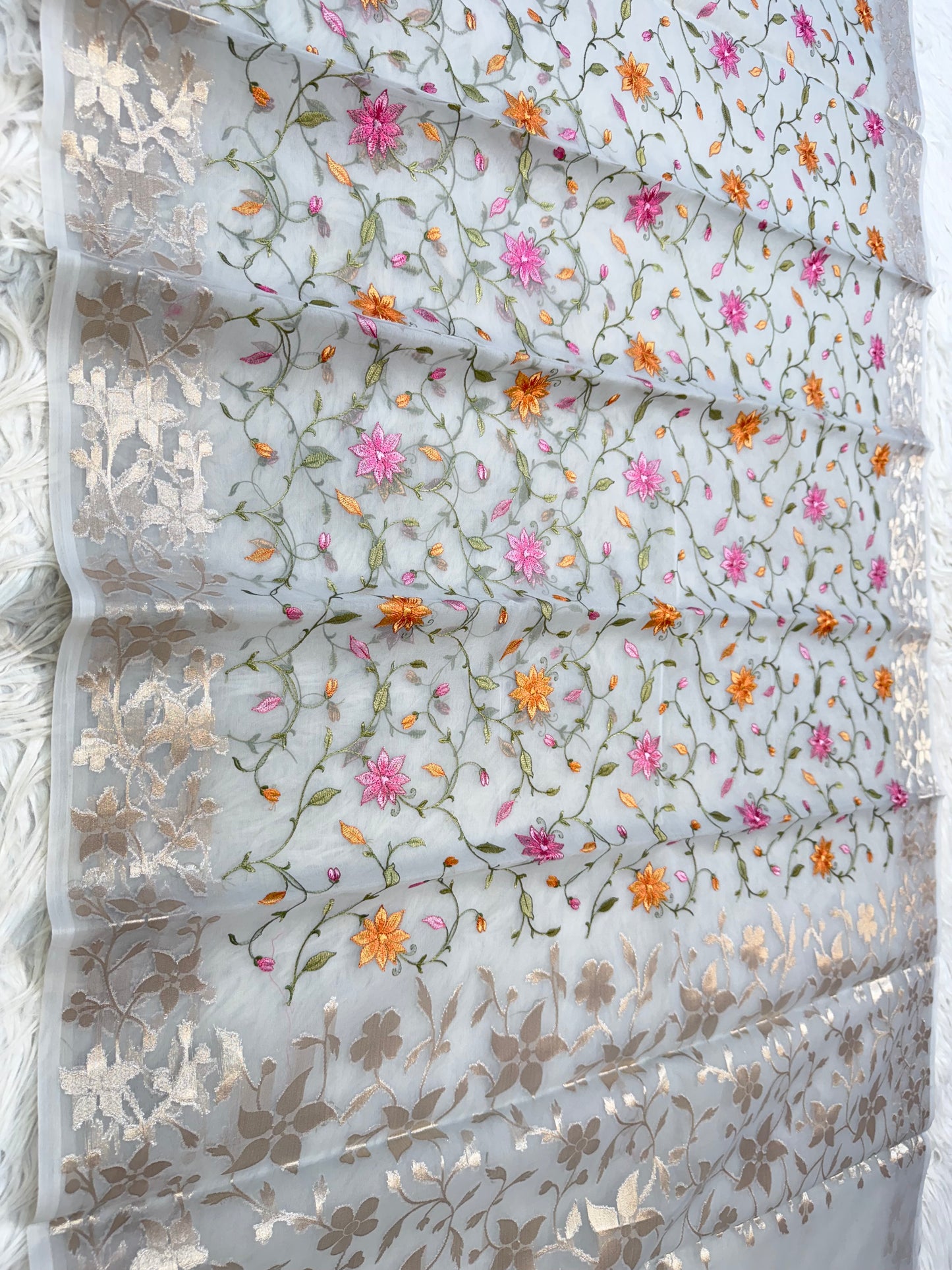 Grey shade kora organza embroidery Banarasi saree