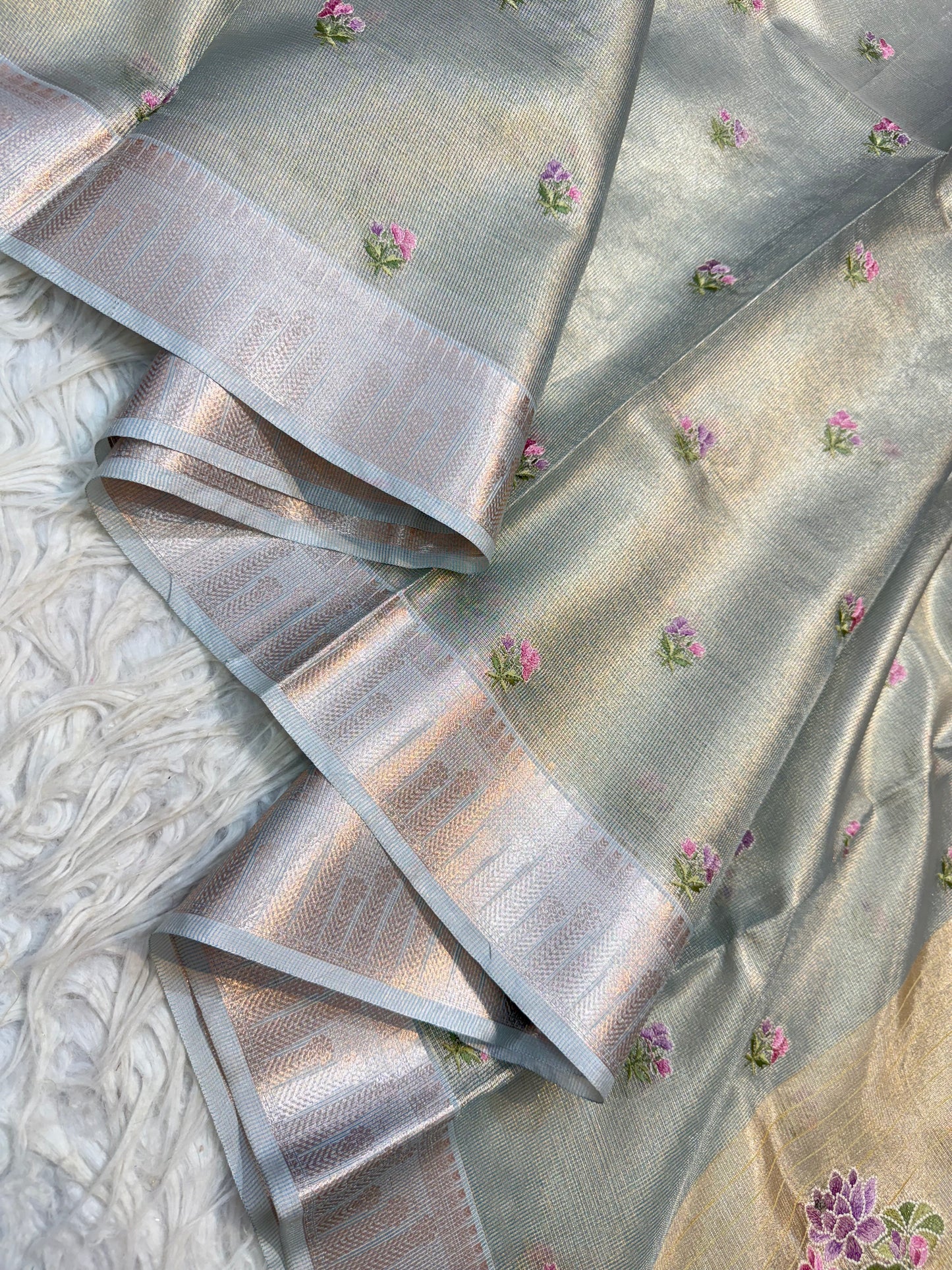 Sea green green shade tissue kota embroidery primum Banarasi saree