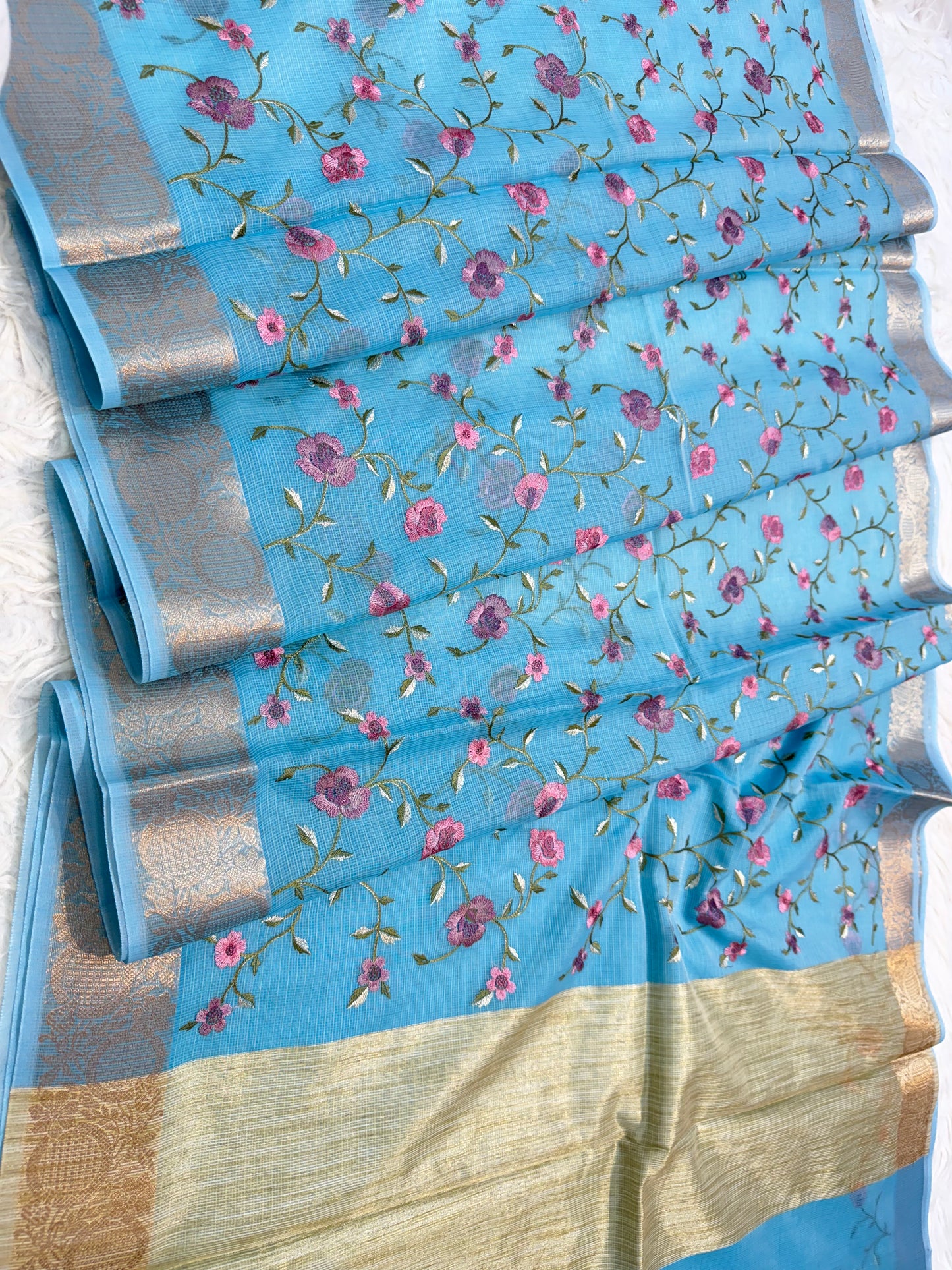 Sky blue shade cotton kota embroidery Banarasi saree