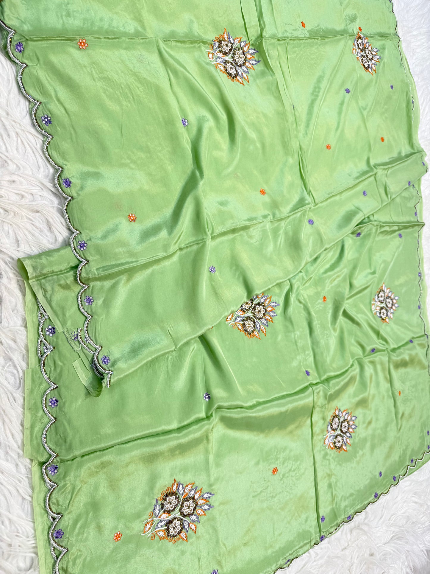 Soft silk zardosi work fancy party wear pista green colore saree