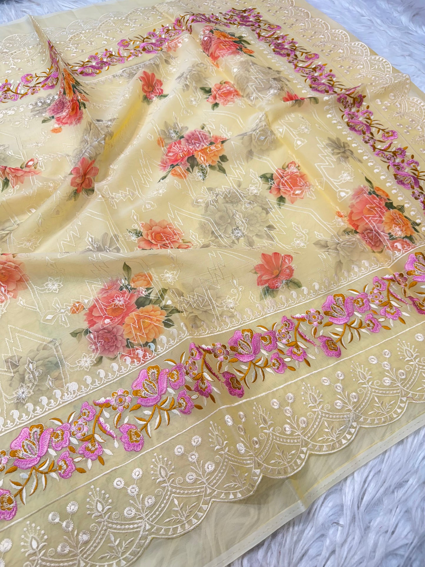 Yellow multi shade kora organza digital print embroidery Banarasi saree